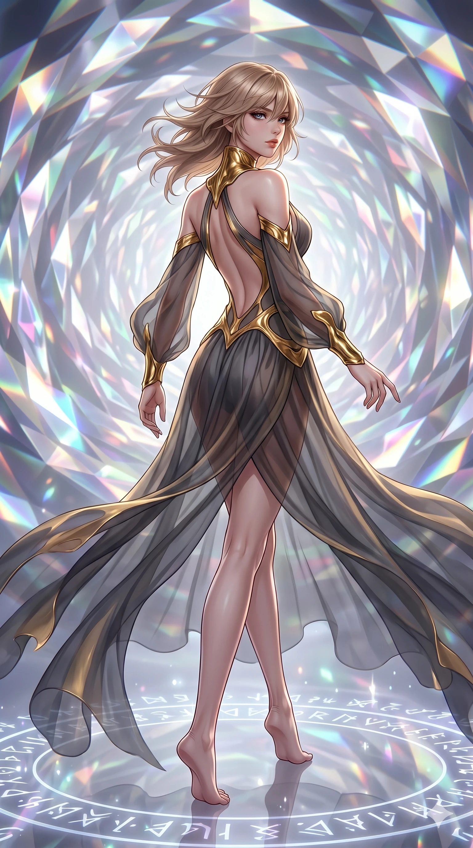 score_9, masterpiece, best quality, ultra-detailed, high-budget anime keyframe, editorial fashion photography, tasteful artistic composition, Japanese woman. low angle full-body shot from head to toe showing her feet, filling the entire 9:16 vertical frame with her statuesque presence, stretching her vertical silhouette. swirling in a vortex of through a kaleidoscope tunnel made of shifting diamond prisms as glowing runes and symbols fade in and out on the ground. She has an absolutely perfect 8-heads proportion, an exceptionally tall and slender female figure with impossibly long slender legs and an ultra-slim waist. V-shaped jawline, high-bridge nose, intricate jewel-like eyes with depth, thick eyelashes, glossy lips with a natural sheen.. wearing a molten gold and chiffon gown, featuring organic liquid gold collar and cuffs on a translucent charcoal-gray halter neck chiffon gown with a open-back architectural design. lit by a soft glowing ambient light and a sharp side key light that traces the sleek contours of her athletic build. 2k, ultra detail, master piece, 9:16 ratio