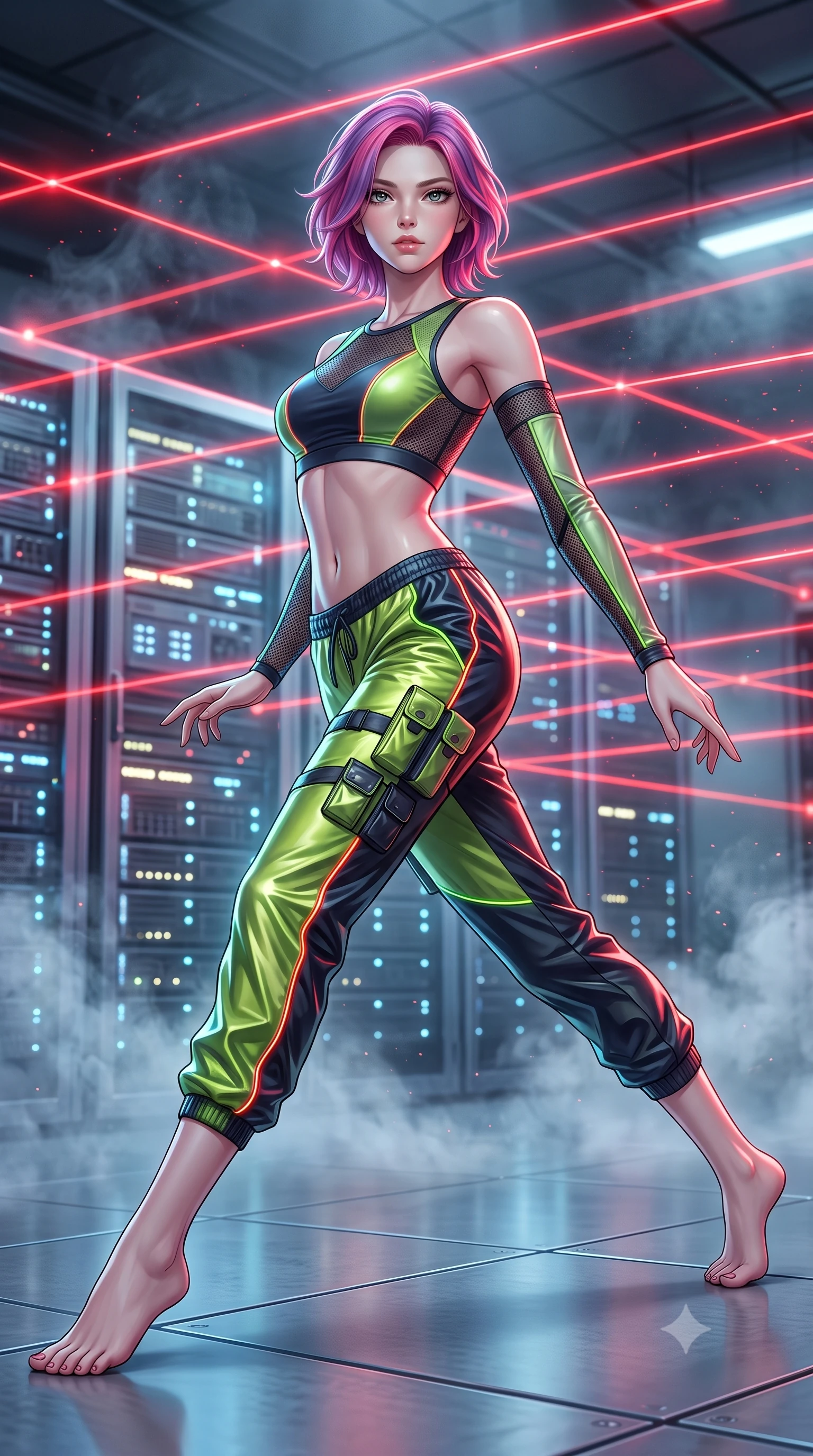 score_9, masterpiece, best quality, ultra-detailed, high-budget anime keyframe, semi-realistic 3D game render, editorial fashion photography, tasteful artistic composition, Caucasian woman. low angle full-body shot from head to toe showing her feet, filling the entire 9:16 vertical frame with her statuesque presence, stretching her vertical silhouette. striding forward in a proud, dynamic supermodel runway stride, her statuesque vertical silhouette commanding the entire frame while navigating a high-security mainframe server vault, contorting her slender athletic body in a flawless gymnastic evasion beneath glowing red laser grids. The composition keeps background elements in soft focus with creamy bokeh. cooling vapor wisps and airborne particulate dust catching bright red laser beam motes. She has an absolutely perfect, statuesque 8.5-heads proportion, an exceptionally tall and slender model-like female figure with impossibly long slender legs, a toned flat midriff, and an ultra-slim waist. sharp v-shaped jawline, high-bridge nose, intricate jewel-like eyes with depth, thick eyelashes, glossy lips with a natural sheen, captivating and magnetic expression, flawlessly proportioned anatomical accuracy, strict slender model proportions, natural body alignment, perfectly sculpted long slender limbs, ultra-slim waistline, clean dynamic posture without body distortion. wearing a sporty Y2K mesh-paneled crop top with asymmetrical sleeve warmers and low-slung metallic track pants in acid lime green and dark obsidian, made of breathable technical athletic mesh and liquid-finish track nylon, finished with glowing fiber-optic seam piping and miniature utility pouches, the form-contouring material adhering flawlessly to her sculpted flat midriff and slender torso, emphasizing her long leg lines and perfectly proportioned willowy build. surrounded by a deadly, sophisticated, and irresistibly alluring secret agent femme fatale aura. highly saturated vibrant anime colors, detailed shading with soft gradients, rich glossy textures, high-contrast stereoscopic depth, volumetric dynamic lighting, master piece, 9:16 ratio