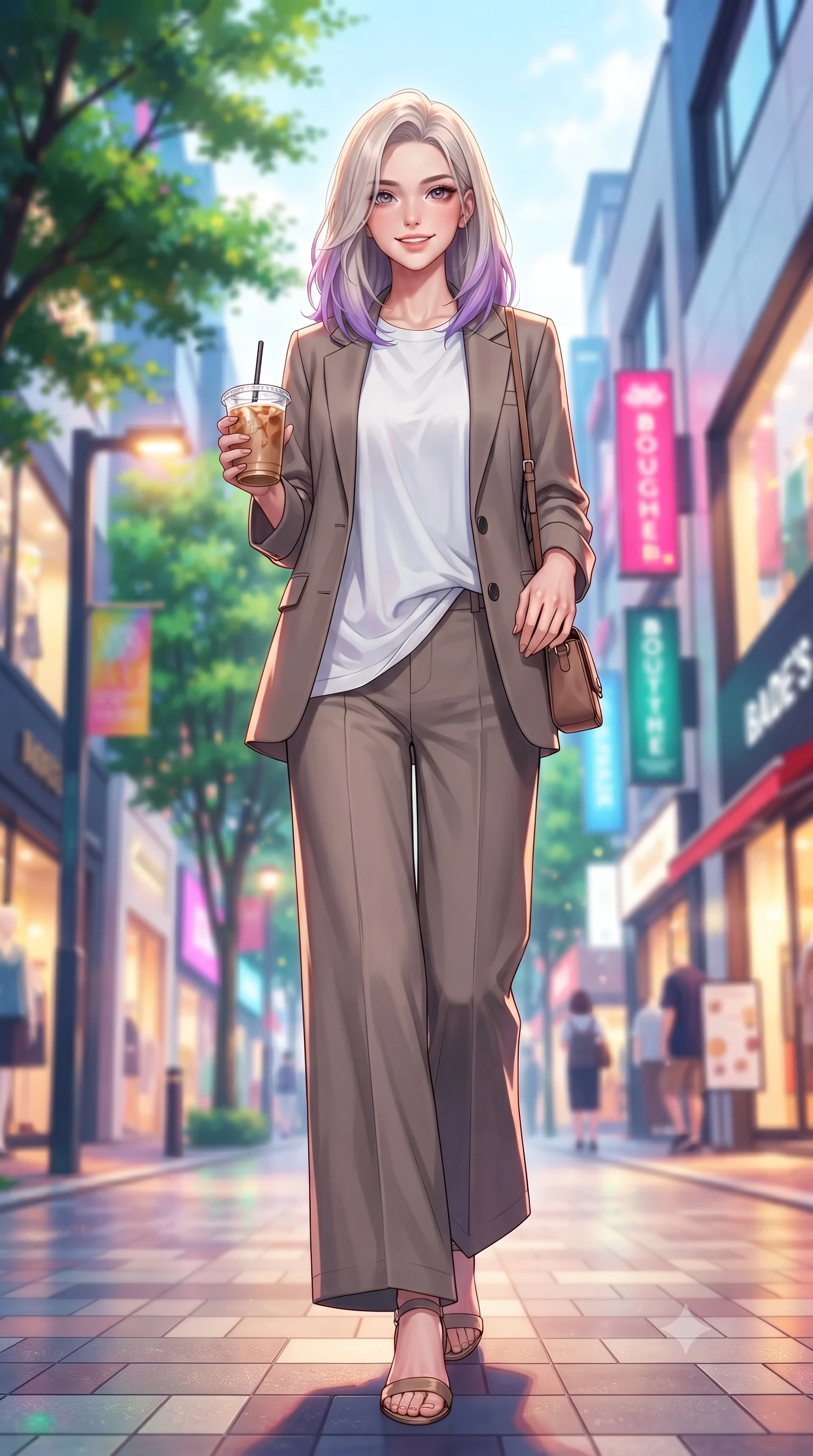 score_9, masterpiece, best quality, ultra-detailed, high-budget anime keyframe, editorial fashion photography, tasteful artistic composition, Caucasian woman. low angle full-body shot from head to toe showing her feet, filling the entire 9:16 vertical frame with her statuesque presence, stretching her vertical silhouette. stepping forward with an alluring, magnetic smile, her graceful posture highlighting her statuesque silhouette set against a soft-focus background of on a trendy shopping street lined with modern boutique shops and green trees holding a trendy paper cup of iced coffee and a small leather purse. She has an absolutely perfect, statuesque 8.5-heads proportion, an exceptionally tall and slender model-like female figure with impossibly long slender legs and an ultra-slim waist. sharp v-shaped jawline, high-bridge nose, intricate jewel-like eyes with depth, thick eyelashes, glossy lips with a natural sheen. wearing body-hugging tailored casual blazer in taupe, paired with a loose tee and wide-leg trousers. vibrant streetlights and store signs casting dynamic highlights on her form. highly saturated vibrant anime colors, detailed shading with soft gradients, rich glossy textures, high-contrast stereoscopic depth, volumetric dynamic lighting, master piece, 9:16 ratio