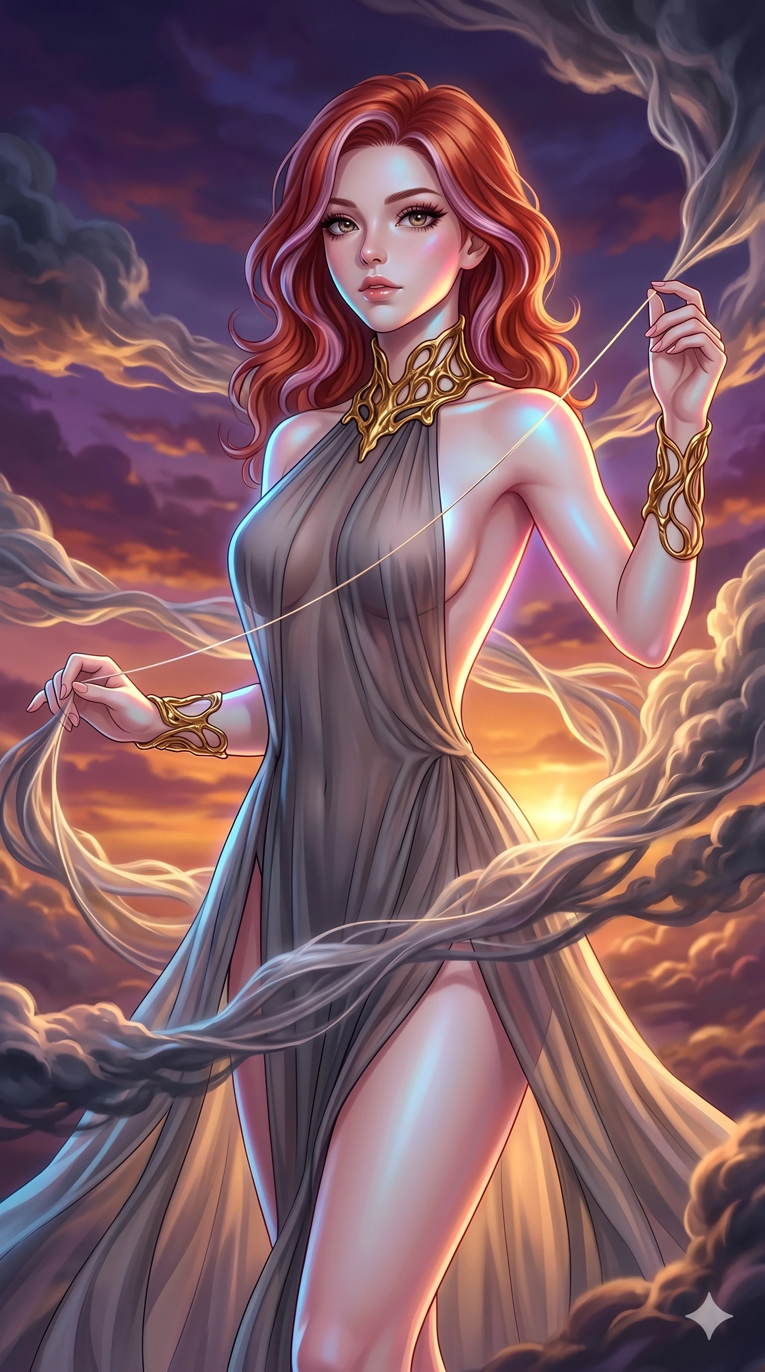 score_9, masterpiece, best quality, ultra-detailed, high-budget anime keyframe, Caucasian woman, strictly human ears. upper body close-up from the thighs up, character filling the screen for maximum presence. threading through a volumetric cloud weave where storm clouds are spun like silk thread under a dramatic sunset glow. She has an absolutely perfect 8-heads proportion, an exceptionally tall and slender female figure with impossibly long slender legs and an ultra-slim waist. V-shaped jawline, high-bridge nose, intricate jewel-like eyes with depth, thick eyelashes, glossy lips with a natural sheen.. wearing a molten gold and chiffon gown, featuring organic liquid gold collar and cuffs on a translucent charcoal-gray halter neck chiffon gown with a deep backless design. enhanced by a luminous pastel spectrum glow, casting elegant rim lights on her shoulders and jawline. 2k, ultra detail, master piece, 9:16 ratio