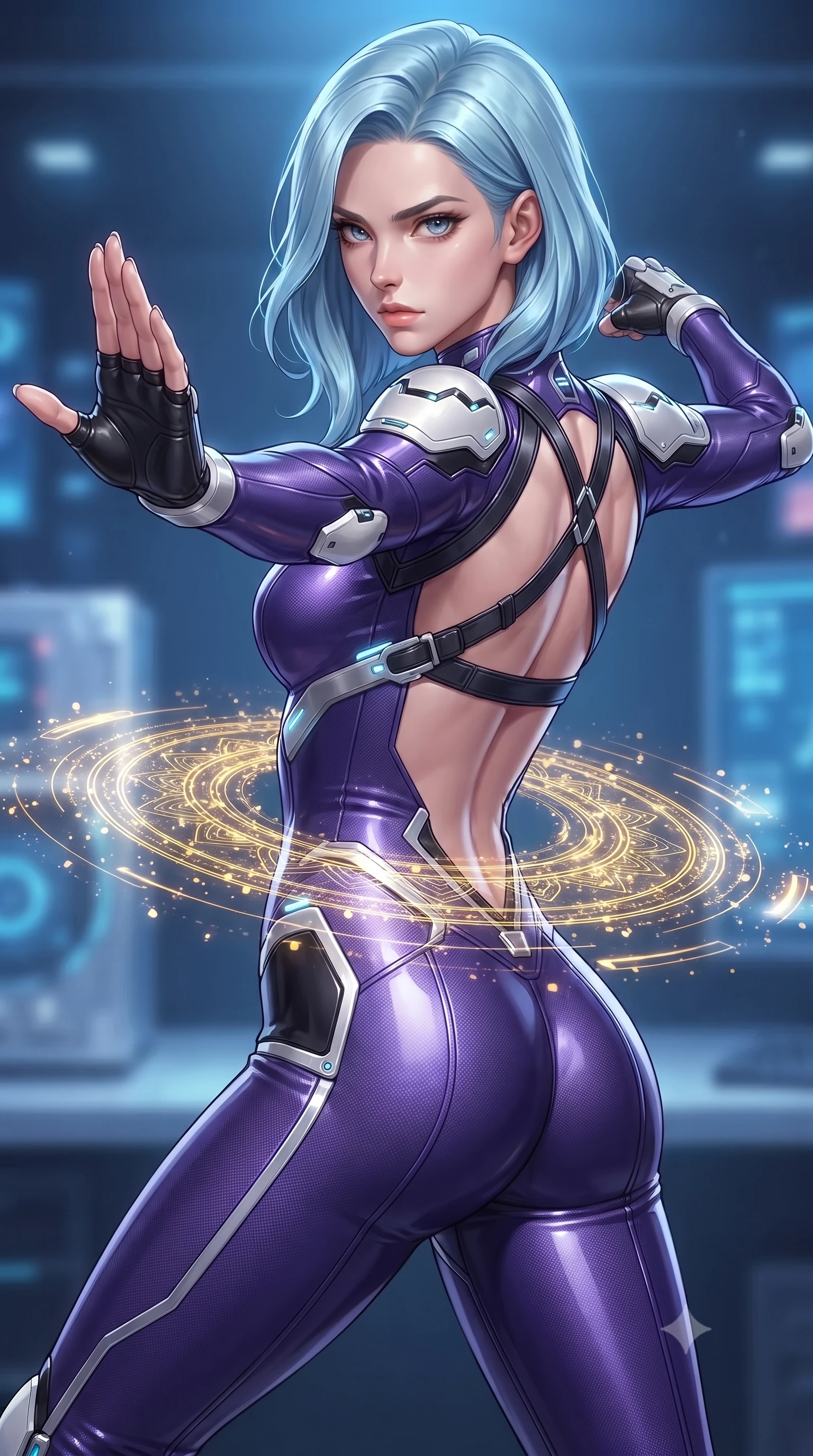 score_9, masterpiece, best quality, ultra-detailed, high-budget anime keyframe, editorial fashion photography, tasteful artistic composition, Korean woman. close-up cowboy shot from the waist and thighs up, the character dominates the composition, filling the frame with her large presence. in a razor-sharp Panzer Kunst fighting guard, one hand extended with palm open in fluid kinetic tension, captivating jewel-like eyes locked onto the viewer with dangerous focus while arching her spine in a fluid zero-gravity back-arch as holographic data particles swirl in a golden mandala around her waist. The composition keeps background elements in soft focus with creamy bokeh. supercomputer processor towers and holographic interface walls softened in dreamy atmospheric depth. She has an exceptionally elegant, slender, and willowy female figure with an ultra-slim waist, a gracefully sculpted slender torso, toned flat midriff, and a refined slim silhouette. sharp v-shaped jawline, high-bridge nose, intricate jewel-like eyes with depth, thick eyelashes, glossy lips with a natural sheen, flawlessly proportioned anatomical accuracy, strict slender model proportions, natural body alignment, perfectly sculpted long slender limbs, ultra-slim waistline, clean dynamic posture without body distortion. wearing a precision-fitted royal purple carbon-fiber martial arts suit with silver accents and glowing micro-circuit knuckle plating in monochrome white enamel carbon with high-contrast black panels, crafted from ultra-strong woven carbon-fiber composite with a satin luster, complemented by criss-cross back harness straps highlighting her completely bare spine, the liquid-tight tailored fabric emphasizing every curve of her tall, slender model proportions and sculptured silhouette during dynamic movement. bathed in glowing electric sapphire and cyan data stream illumination with rich ambient blue fill. ultra-reflective glossy finish, specular highlights, dark metallic sheen, high-contrast stereoscopic depth, volumetric dynamic lighting, 2k, ultra detail, master piece, 9:16 ratio