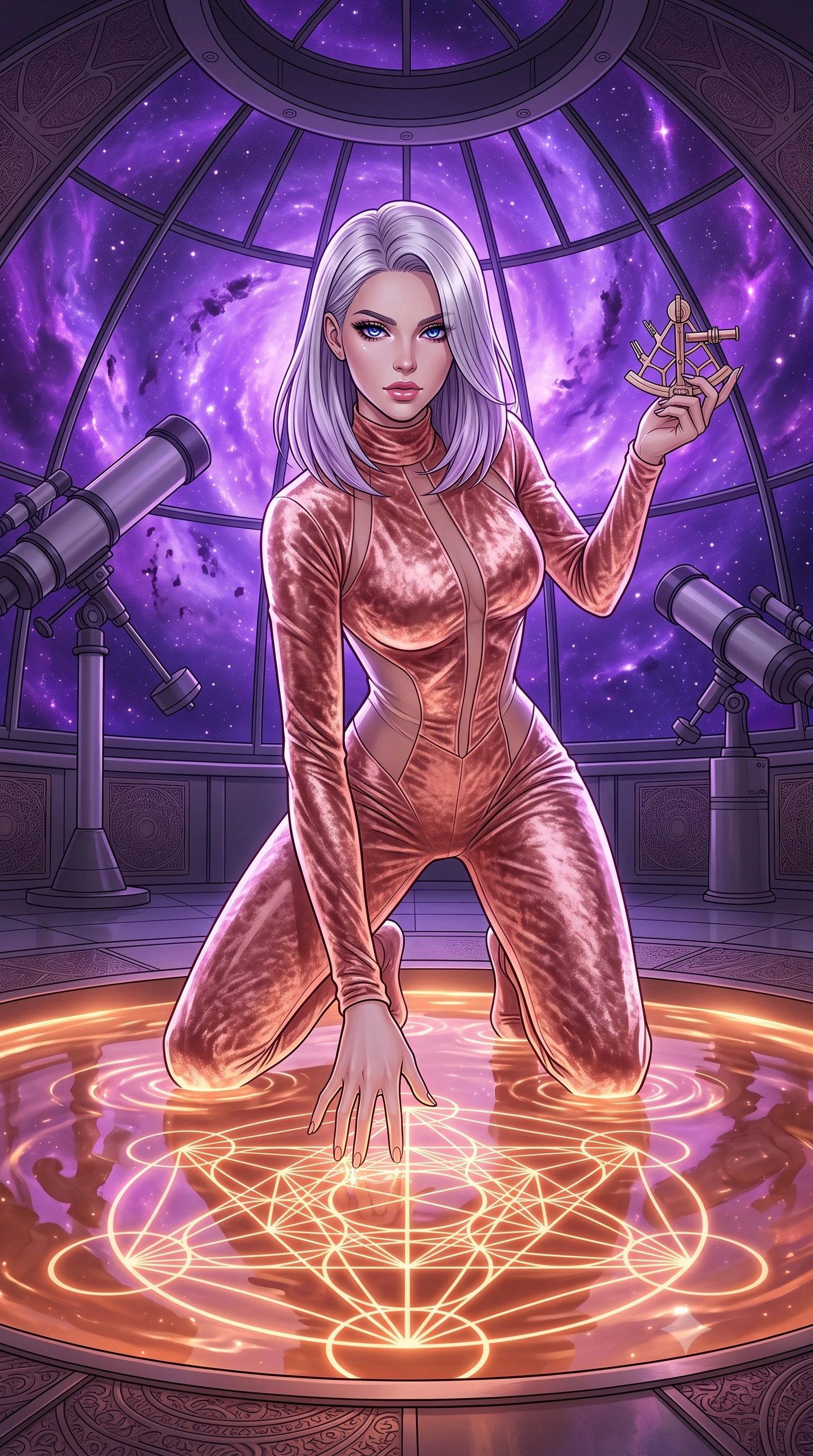 score_9, masterpiece, best quality, ultra-detailed, High-budget Anime Keyframe, Caucasian woman, strictly human ears. Dynamic full-body shot stretching the vertical silhouette to the limit. Scenario 531: tracing geometric patterns in a pool of warm liquid copper inside a high-altitude observatory dome under a swirling violet nebula. Her presence is magnetic and overpowering in this high-budget anime scene. Outfit 531: a form-contouring rose-gold crushed velvet jumpsuit featuring layered translucent panels over a sleek slip dress. The clothing is designed to emphasize her exceptionally tall and slender 8-heads proportion. 8-heads proportion, towering silhouette, ultra-slim waist. sharp v-shaped jawline, intricate jewel-like eyes with depth, thick eyelashes, glossy lips. 2k, ultra detail, master piece, 9:16 ratio