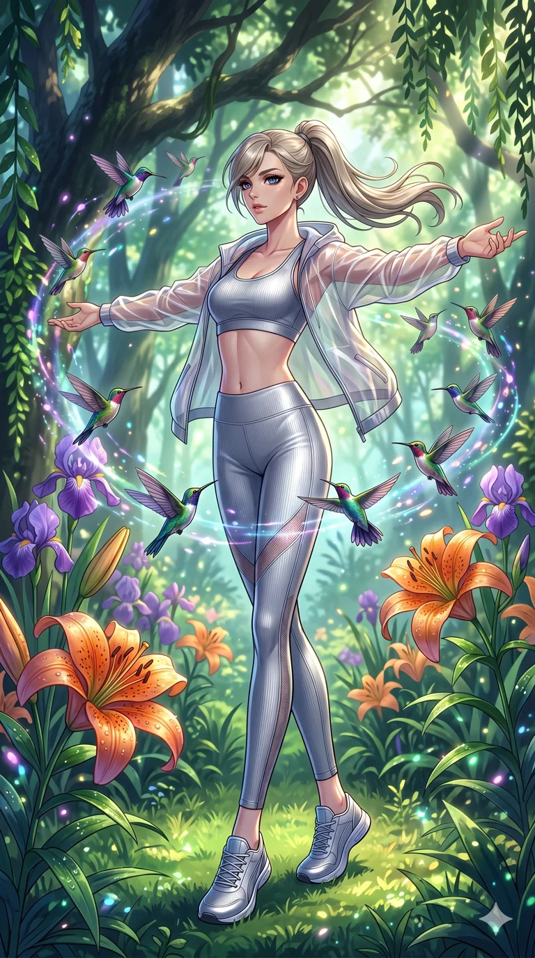 score_9, masterpiece, best quality, ultra-detailed, High-budget Anime Keyframe, beautiful Caucasian anime girl (strictly human ears). Dynamic full-body shot stretching the vertical silhouette with her statuesque presence. Summoning a swarm of hummingbirds in a garden of giant lilies. She has an absolutely perfect 8-heads proportion, an exceptionally tall and slender female figure with impossibly long slender legs and an ultra-slim waist. Sharp v-shaped jawline, high-bridge nose, intricate jewel-like eyes with depth, thick eyelashes, glossy lips with a natural sheen. Wearing a Premium Athleisure outfit: silver ribbed sports bra and leggings set, sheer windbreaker, sleek high-performance activewear. Background is a bright and colorful environment with cinematic lighting, dynamic particle effects, and high-contrast shadows. 2k, ultra detail, master piece, 9:16 ratio