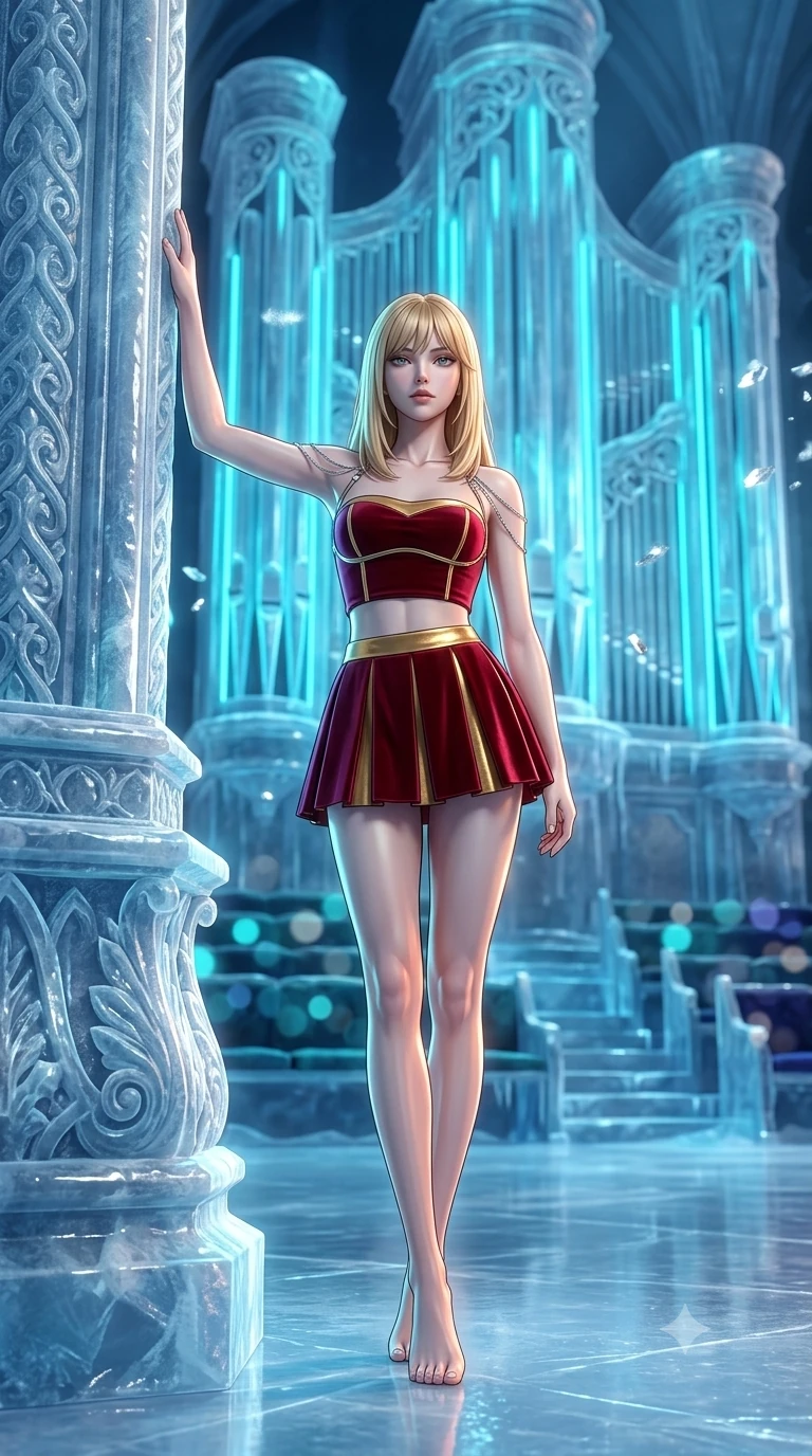 score_9, masterpiece, best quality, ultra-detailed, high-budget anime keyframe, semi-realistic 3D game render, editorial fashion photography, tasteful artistic composition, Japanese woman. low angle full-body shot from head to toe showing her feet, filling the entire 9:16 vertical frame with her statuesque presence, stretching her vertical silhouette. standing tall beside the architectural column, one hand resting high while arching her lower back to emphasize her sculpted feminine hips and slender waist while standing poised at the center of the frozen cathedral stage beneath monumental ice-crystal pipe organs, arching her lower back with sovereign diva charisma as cyan neon aria lights pulse rhythmically. The background shows a soft-focus towering translucent ice organ pipes glowing with pulsing cyan neon, fluttering silver specular ice crystals, and velvet opera stalls blurred into cyan, silver, and indigo bokeh. She has an exceptionally tall and slender model-like 8.5-heads proportion, an ultra-slim waist, a flat toned midriff, narrow delicate ribcage, and beautifully sculpted feminine hips creating a graceful, slim hourglass silhouette without any bulky heaviness, with impossibly long slender legs. sharp v-shaped jawline, high-bridge nose, intricate jewel-like sparkling eyes with depth, thick eyelashes, glossy parted lips with a natural peach sheen, bright cheerful beaming smile with an enchanting and coquettish sensual glint, exuding both youthful cute charm and seductive allure, flawlessly proportioned anatomical accuracy, strict slender model proportions, natural body alignment, perfectly sculpted long slender limbs, ultra-slim waistline, clean dynamic posture without body distortion. wearing an ultra-cropped fitted bandeau top paired with a micro mini tennis skirt revealing her flat toned midriff in royal opera crimson velvet and burnished gold, made of fluid liquid jersey with seamless sculpting hold and smooth contours, accented with a chrome-drop body harness subtly framing her dewy collarbones and spine, the second-skin tailored fabric adhering flawlessly to her sculpted flat midriff and slender torso, emphasizing her long leg lines and perfectly proportioned willowy build. illuminated by polished ice stage reflection bounce and sharp cyan-silver rim lights sculpting her jawline, narrow waist, and curvy hips. highly saturated vibrant anime colors, detailed shading with soft gradients, rich glossy textures, high-contrast stereoscopic depth, volumetric dynamic lighting, master piece, 9:16 ratio