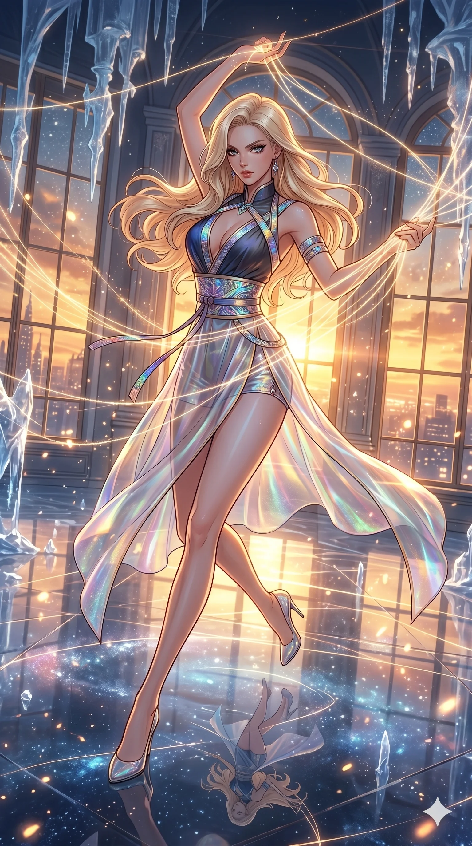 score_9, masterpiece, best quality, ultra-detailed, high-budget anime movie keyframe, cinematic anime lighting, intricate line art, Korean woman. Dynamic full-body shot stretching the vertical silhouette across the 9:16 frame. weaving threads of light in a frozen starlight ballroom during a golden sunset. She has an absolutely perfect 8-heads proportion, an exceptionally tall and slender female figure with an ultra-slim waist and impossibly long slender legs. sharp v-shaped jawline, high-bridge nose, intricate jewel-like eyes, thick eyelashes, glossy lips. Wearing modernized deep-plunging silk hanbok-fusion with metallic straps, a high-slit sheer skirt over micro-shorts, and holographic embroidered patterns. The scene is illuminated by dramatic atmospheric lighting and vibrant color palettes. , 2k, ultra detail, master piece, 9:16 ratio