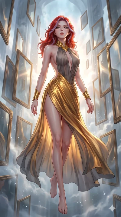 score_9, masterpiece, best quality, ultra-detailed, high-budget anime keyframe, Korean woman. low angle full-body shot filling the entire 9:16 frame with her statuesque presence, stretching the vertical silhouette. wandering through a mirage cloud ca