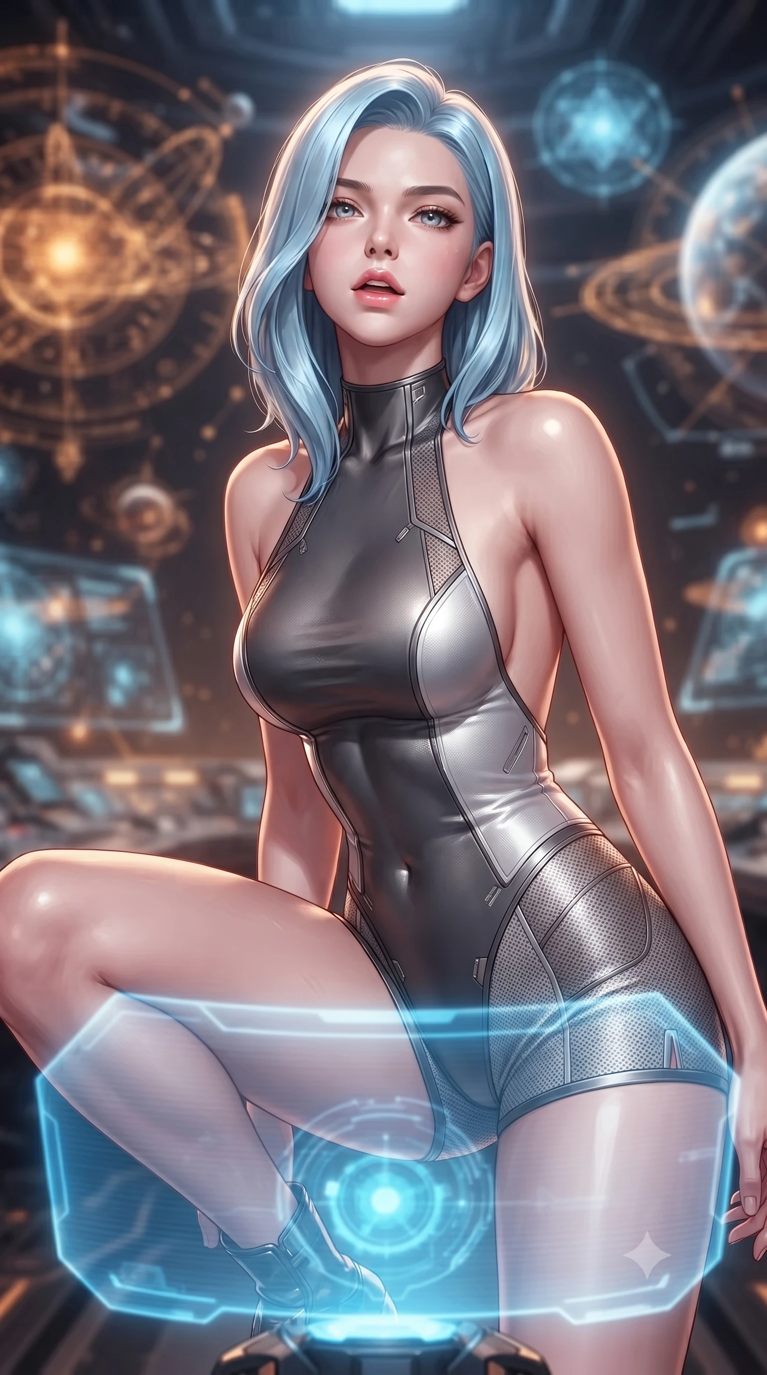 score_9, masterpiece, best quality, ultra-detailed, high-budget anime keyframe, editorial fashion photography, tasteful artistic composition, Korean woman. close-up cowboy shot from the waist and thighs up, the character dominates the composition, filling the frame with her large presence, background elements kept in soft focus. crouching slightly behind a glowing holographic shield emitter, looking up with defiance and lips slightly parted, the background shows a soft-focus the navigation deck of a singularity ship, surrounded by floating starmaps. She has an exceptionally elegant, slender, and willowy female figure with an ultra-slim waist, a gracefully sculpted slender torso, and a refined silhouette. sharp v-shaped jawline, high-bridge nose, intricate jewel-like eyes with depth, thick eyelashes, glossy lips with a natural sheen. wearing a body-hugging backless combat halter top in charcoal grey, paired with white carbon-mesh micro-shorts. soft starlight and the warm amber glow of planetary coordinate holograms. ultra-reflective glossy finish, specular highlights, metallic sheen, high-contrast stereoscopic depth, volumetric dynamic lighting, 2k, ultra detail, master piece, 9:16 ratio