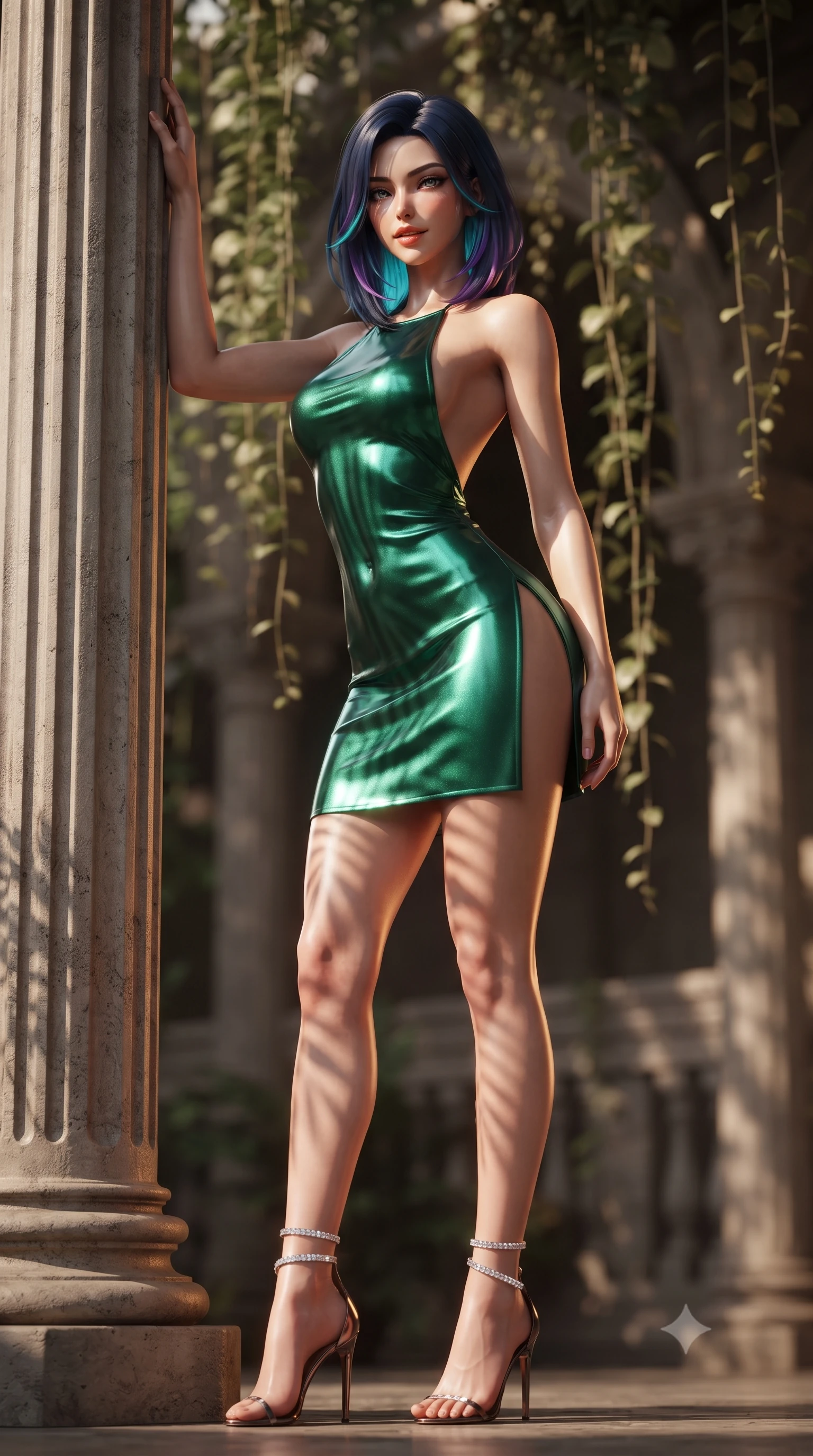 score_9, masterpiece, best quality, ultra-detailed, high-budget anime keyframe, editorial fashion photography, tasteful artistic composition, Caucasian woman. low angle full-body shot from head to toe showing her feet, filling the entire 9:16 vertical frame with her statuesque presence, stretching her vertical silhouette. standing tall beside the architectural column, one hand resting high while arching her lower back to emphasize her sculpted feminine hips and slender waist while twisting her slender torso in an alluring contrapposto stance, dramatic leaf-shadow patterns dancing across her narrow waist and hips. The background shows a soft-focus hanging tropical vines softened in Victorian architectural shallow focus. She has an absolutely perfect, statuesque 8.5-heads proportion, an exceptionally tall and slender model-like female figure with impossibly long slender legs, an ultra-slim waist, a flat toned midriff, narrow delicate ribcage, and beautifully sculpted feminine hips creating a graceful, slim hourglass silhouette without any bulky heaviness. sharp v-shaped jawline, high-bridge nose, sparkling eyes with hypnotic seductive depth, thick curled eyelashes, glossy parted lips with a natural dewy peach sheen, alluring bedroom-eyes with an enchanting coquettish smile, exuding magnetic siren charisma and sophisticated glamour, flawlessly proportioned anatomical accuracy, strict slender model proportions, natural body alignment, perfectly sculpted long slender limbs, ultra-slim waistline, clean dynamic posture without body distortion. wearing a slinky backless halterneck column mini dress in shimmering liquid emerald satin with deep side leg slits in casino emerald green and metallic champagne gold with ruby glints, crafted from wet-look high-gloss vinyl fabric with dazzling specular surface reflections, complemented by strappy stiletto sandals with crystal ankle wraps accentuating her slender calves, the glove-like clinging cut tightly following the natural contour of her hips and long slender legs with youthful 8.5-heads elegance. illuminated by leaf surface specular bounce and sharp warm-amber rim lights sculpting her jawline, flat midriff, and voluptuous hip curves. ultra-reflective glossy finish, specular highlights, rich textural contrasts, high-contrast stereoscopic depth, volumetric dynamic lighting, 2k, ultra detail, master piece, 9:16 ratio