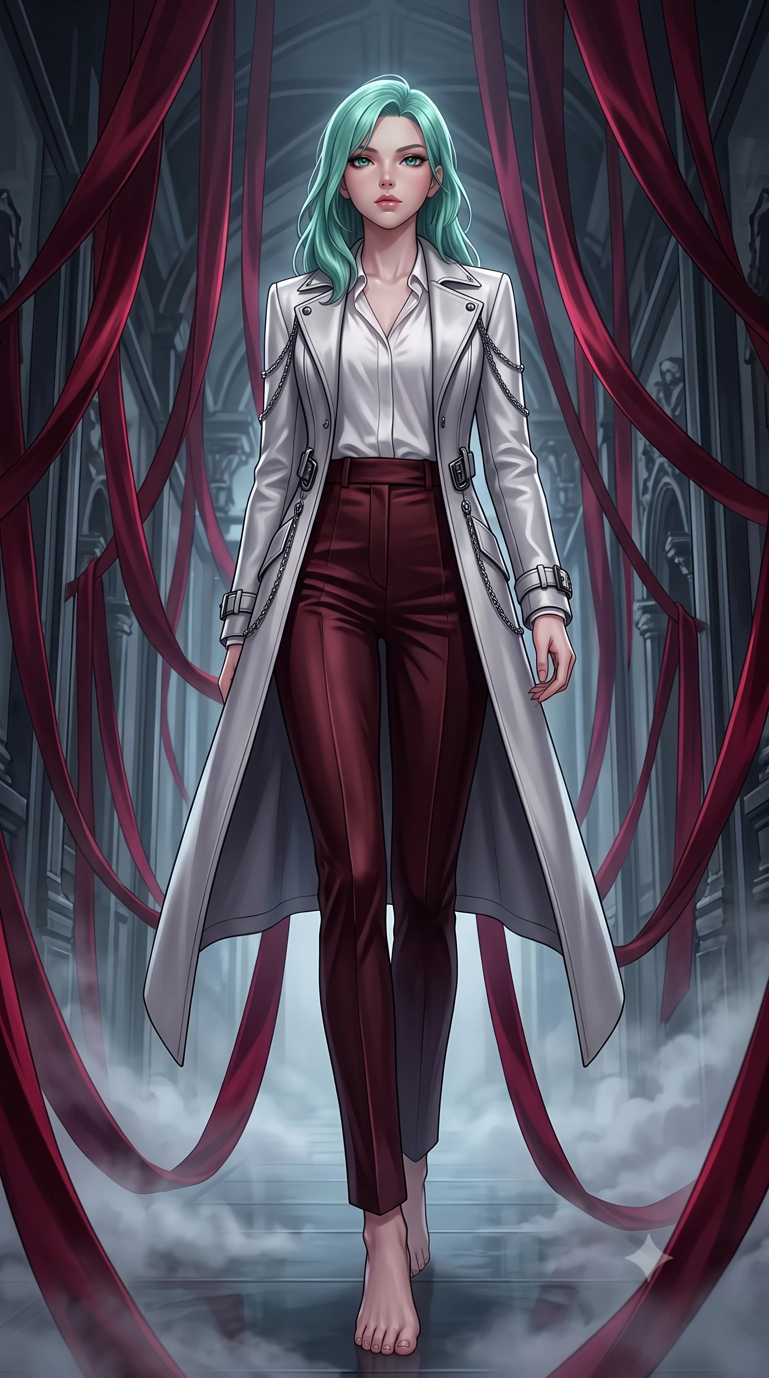 score_9, masterpiece, best quality, ultra-detailed, high-budget anime keyframe, editorial fashion photography, tasteful artistic composition, Japanese woman. low angle full-body shot from head to toe showing her feet, filling the entire 9:16 vertical frame with her statuesque presence, stretching her vertical silhouette. forging confidently through the floating mist, holding a poised statuesque stance, walking down a glass corridor draped in heavy dark crimson silk ribbons, gothic sensual allure with intense emotional depth. She has an absolutely perfect, statuesque 8.5-heads proportion, an exceptionally tall and slender model-like female figure with impossibly long slender legs and an ultra-slim waist. sharp v-shaped jawline, high-bridge nose, intricate jewel-like eyes with depth, thick eyelashes, glossy lips with a natural sheen. wearing structured platinum leather long coat over white silk blouse and tailored slacks in dark mahogany, made of soft crimson satin, framed by dark titanium buckles and silver chain details, the fitted fabric emphasizing her ultra-slim waist. surrounded by dramatic chiaroscuro with sharp edge highlights on silk. highly saturated vibrant anime colors, detailed shading with soft gradients, rich glossy textures, high-contrast stereoscopic depth, volumetric dynamic lighting, master piece, 9:16 ratio