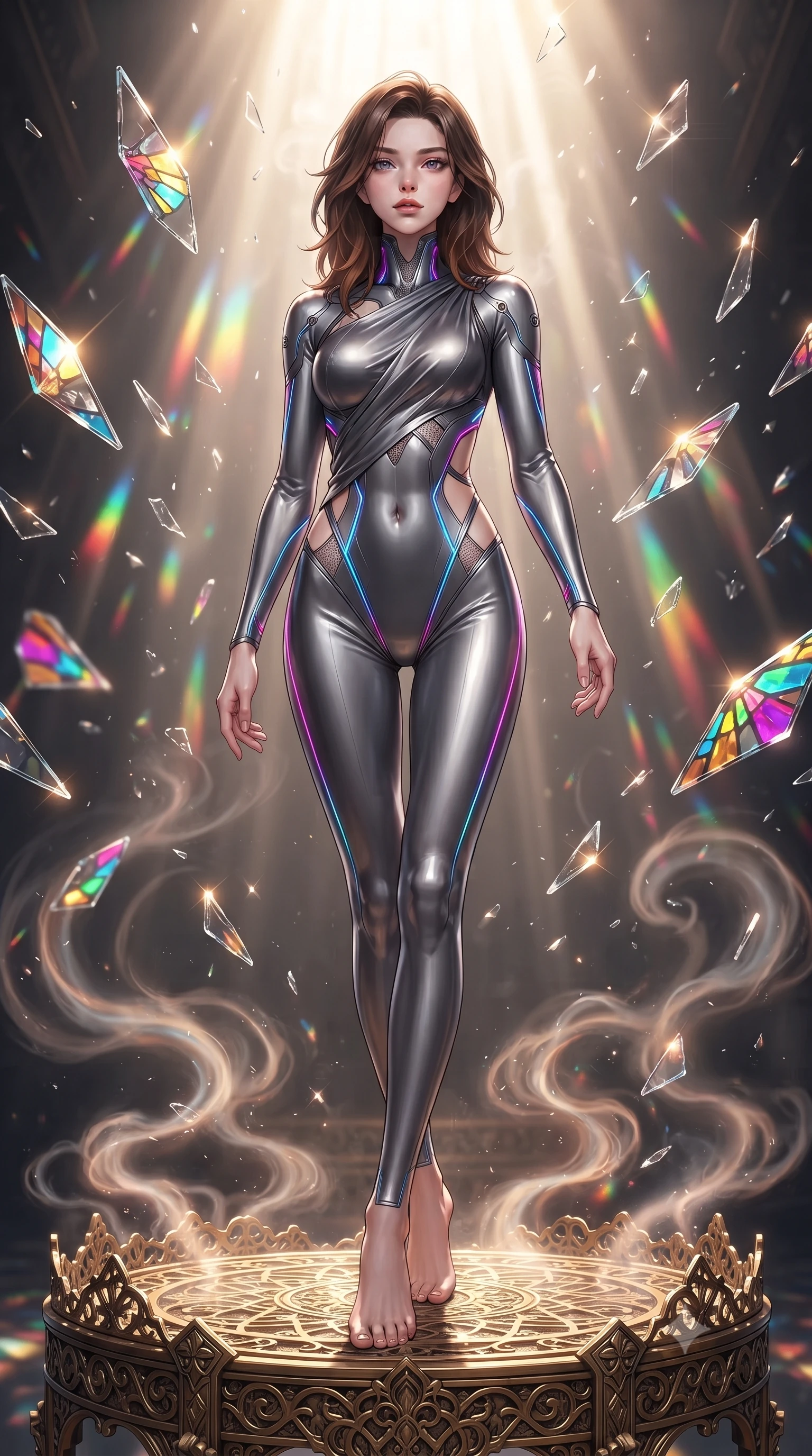 score_9, masterpiece, best quality, ultra-detailed, high-budget anime keyframe, editorial fashion photography, tasteful artistic composition, Korean woman. low angle full-body shot from head to toe showing her feet, filling the entire 9:16 vertical frame with her statuesque presence, stretching her vertical silhouette. stepping forward with proud posture, filling the vertical frame with her magnetic presence poised on a golden filigree altar surrounded by glowing incense vapors, shattered glass shards catching bright specular highlights in mid-air. She has an absolutely perfect, statuesque 8.5-heads proportion, an exceptionally tall and slender model-like female figure with impossibly long slender legs and an ultra-slim waist. sharp v-shaped jawline, high-bridge nose, intricate jewel-like eyes with depth, thick eyelashes, glossy lips with a natural sheen. wearing a skin-tight cybernetic bodysuit with glowing neon seams and side cutouts in charcoal grey and platinum, crafted from lustrous satin jersey with fluid draping, featuring subtle geometric cutouts that highlight her ultra-slim midriff, the elegant draped fit framing her graceful clavicle and slender torso. lit by bright sunbursts creating vivid, saturated color projections. ultra-reflective glossy finish, specular highlights, metallic sheen, high-contrast stereoscopic depth, volumetric dynamic lighting, 2k, ultra detail, master piece, 9:16 ratio
