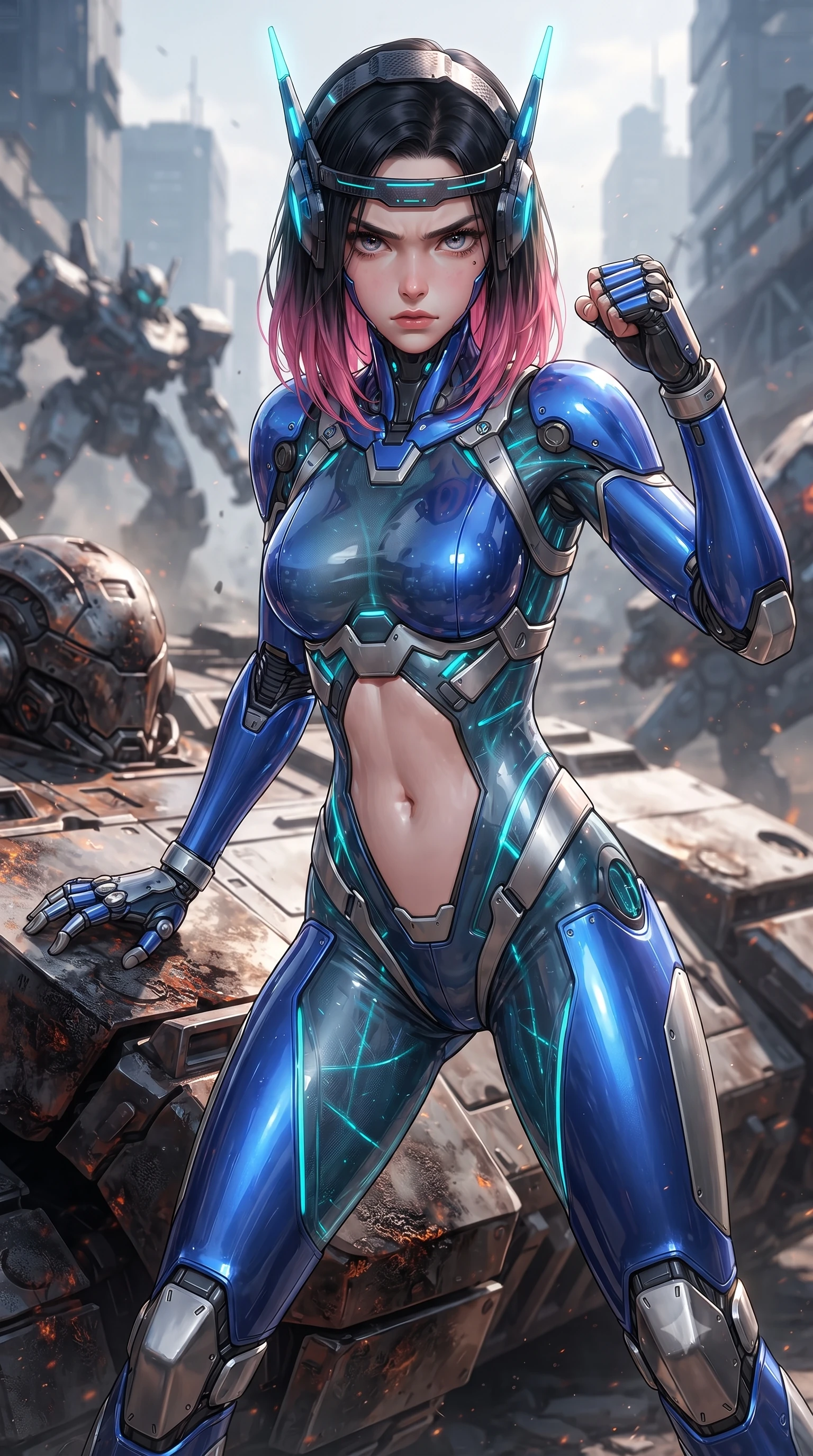 score_9, masterpiece, best quality, ultra-detailed, high-budget anime keyframe, editorial fashion photography, tasteful artistic composition, Korean woman. close-up cowboy shot from the waist and thighs up, the character dominates the composition, filling the frame with her large presence. in a razor-sharp Panzer Kunst fighting guard with raised fists, captivating jewel-like eyes locked onto the viewer with fierce, resolute determination while resting one hand on the mechanical hull with an intense, smoldering gaze looking directly into the camera. The surrounding environment is rendered in vivid detail and crisp panoramic clarity. detailed carbon helmet shell textures, transparent visor reflections, and scorched titanium armor plates in deep focus. She has an exceptionally elegant, slender, and willowy female figure with an ultra-slim waist, a gracefully sculpted slender torso, toned flat midriff, and a refined slim silhouette. sharp v-shaped jawline, high-bridge nose, intricate jewel-like eyes with depth, thick eyelashes, glossy lips with a natural sheen, fierce and resolute heroine expression, flawlessly proportioned anatomical accuracy, strict slender model proportions, natural body alignment, perfectly sculpted long slender limbs, ultra-slim waistline, clean dynamic posture without body distortion. wearing a lightweight carbon-fiber tactical sensory headpiece with glowing cyan ear-antennae and an ultra-thin forehead HUD brow-band, paired with an ultra-sleek high-gloss carbon-composite exoskeleton suit featuring kinetic shock-absorbing shin guards and flexible limb articulation joints in electric cobalt blue carbon with brushed platinum tactical trim, crafted from semi-translucent cybernetic carbon-vinyl interwoven with glowing micro-filaments, finished with high-mobility flexible armor articulation seams and miniature magnetic locks, the precision-cut daring openings accentuating her delicate midriff, graceful bare collarbones, and ultra-slim feminine waistline. surrounded by a triumphant, exhausted yet indomitable lone heroine sovereignty aura. ultra-reflective glossy finish, specular highlights, dark metallic sheen, high-contrast stereoscopic depth, volumetric dynamic lighting, 2k, ultra detail, master piece, 9:16 ratio