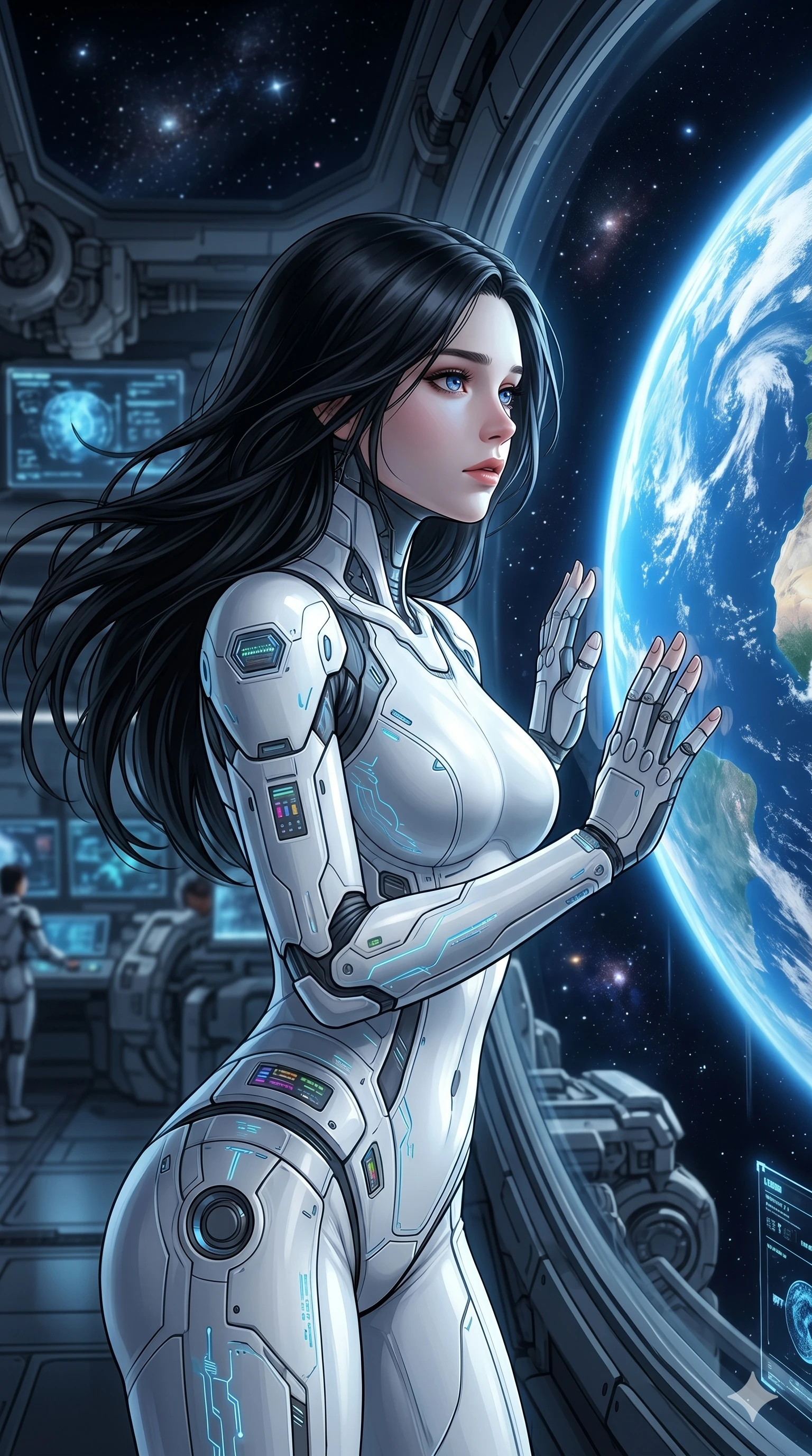 score_9, score_8_up, score_7_up, source_anime, masterpiece, best quality, ultra-detailed, same character with long flowing black hair, wearing a white futuristic android body suit, upper body close-up from thigh up filling the screen, looking longingly through a massive curved window at planet Earth in the distance, space station observation deck, 2k, 9:16 ratio
