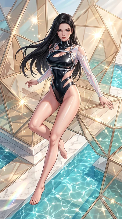 score_9, masterpiece, best quality, ultra-detailed, high-budget anime keyframe, semi-realistic 3D game render, editorial fashion photography, tasteful artistic composition, Korean woman. low angle full-body shot from head to toe showing her feet, fil