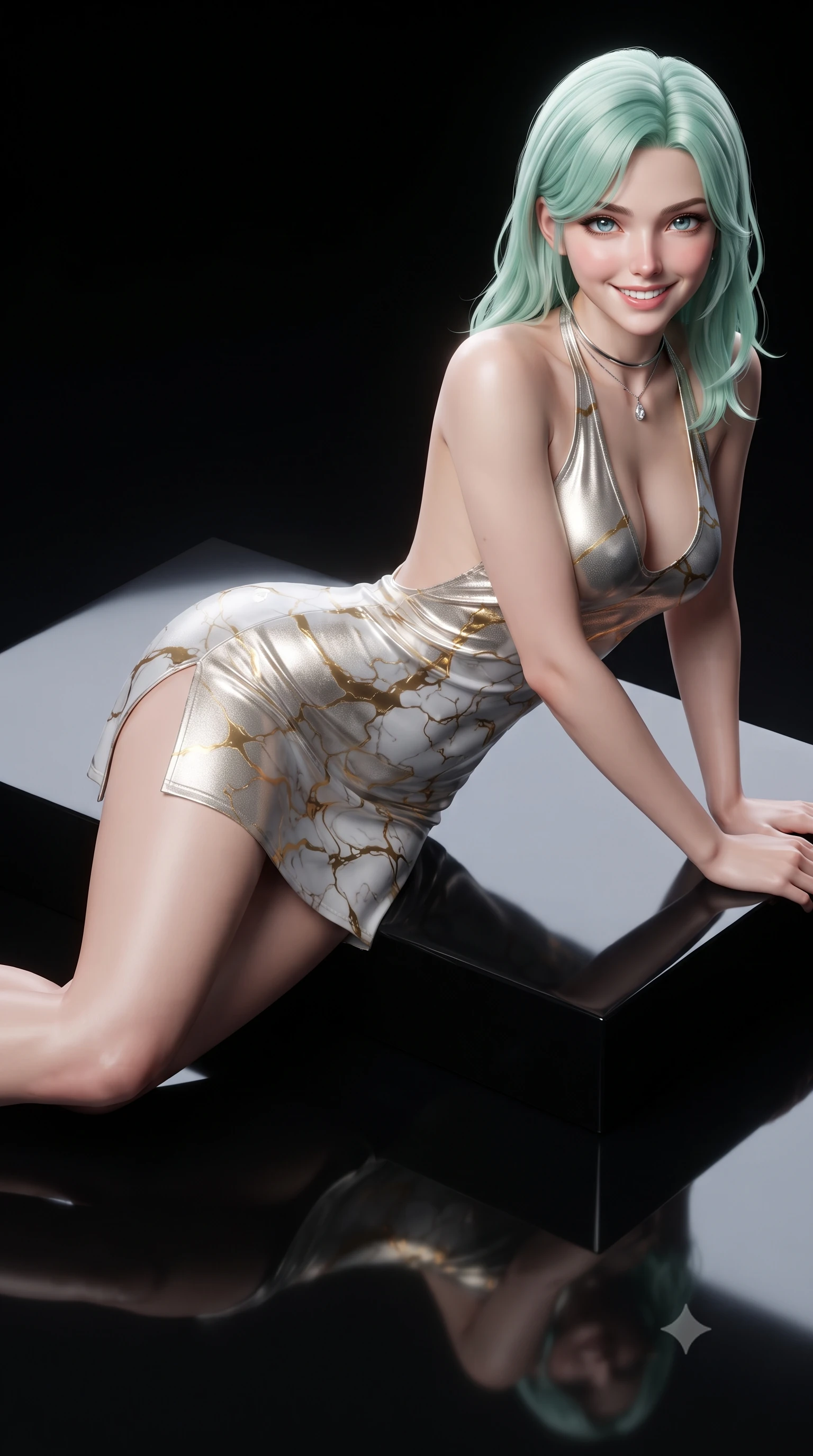 score_9, masterpiece, best quality, ultra-detailed, high-budget anime keyframe, editorial fashion photography, tasteful artistic composition, Japanese woman. close-up cowboy shot from the waist and thighs up, the character dominates the composition, filling the frame with her large presence. leaning forward while arching her lower back to accentuate her curvy hips, looking into the camera with an intoxicating smoldering gaze and bedroom-eyes while lounging gracefully across the minimalist black lacquer plinth propped on one elbow with legs extended, displaying her long slender limbs and statuesque hourglass silhouette in the beam. The surrounding environment is rendered in vivid detail and crisp panoramic clarity: sharp mirror-polished black obsidian floor reflections, crisp spotlight edge falloff, and microscopic crystal facet textures in deep focus. She has an exceptionally elegant, slender, and willowy female figure with an ultra-slim waist, flat toned midriff, narrow ribcage, and sculpted feminine hips creating an alluring, slim hourglass silhouette without bulk. sharp v-shaped jawline, high-bridge nose, intricate jewel-like sparkling eyes with depth, thick eyelashes, glossy parted lips with a natural peach sheen, bright cheerful beaming smile with an enchanting and coquettish sensual glint, exuding both youthful cute charm and seductive allure, flawlessly proportioned anatomical accuracy, strict slender model proportions, natural body alignment, perfectly sculpted long slender limbs, ultra-slim waistline, clean dynamic posture without body distortion. wearing an alluring backless metallic lamé halterneck mini dress with deep scoop back down to her lower spine and thigh-high slit in Kintsugi celestial white porcelain and liquid gold, made of fluid liquid jersey with seamless sculpting hold and smooth contours, finished with a minimalist chrome choker and a single teardrop diamond pendant, the high-slit wrap tailoring accentuating her ultra-slim waistline and the enchanting curve of her feminine hips with alluring seductive charm. illuminated by black floor specular bounce and razor-sharp platinum rim lights defining her razor-sharp jawline, narrow waist, and curvy hips. ultra-reflective glossy finish, specular highlights, rich textural contrasts, high-contrast stereoscopic depth, volumetric dynamic lighting, 2k, ultra detail, master piece, 9:16 ratio