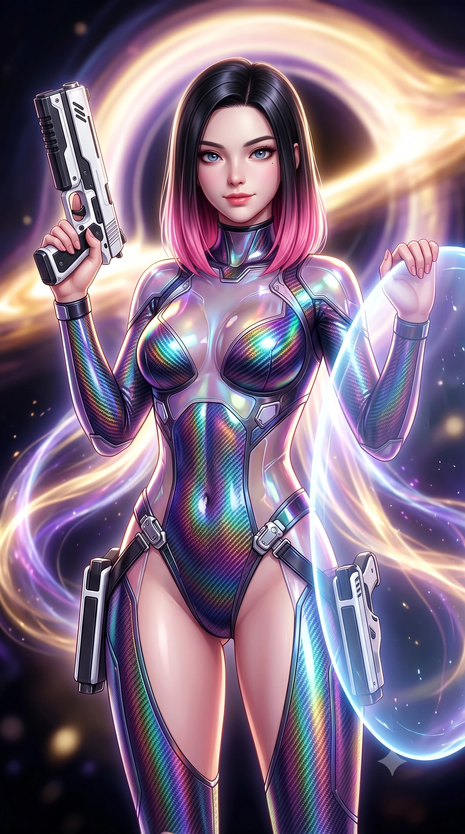 score_9, masterpiece, best quality, ultra-detailed, high-budget anime keyframe, semi-realistic 3D game render, editorial fashion photography, tasteful artistic composition, Korean woman. close-up cowboy shot from the waist and thighs up, the character dominates the composition, filling the frame with her large presence. gazing forward with divine sovereign poise, captivating jewel-like eyes shining with transcendent focus while holding her weapon with effortless mastery while resting one hand on the edge of a floating energy shield with an omnipotent, sovereign smile looking into the camera lens. The composition keeps background elements in soft focus with creamy bokeh. swirling black hole singularity core and glowing accretion disk blurred into dazzling gold, violet, and pitch-black bokeh. She has an exceptionally elegant, slender, and willowy female figure with an ultra-slim waist, a gracefully sculpted slender torso, toned flat midriff, and a refined slim silhouette. sharp v-shaped jawline, high-bridge nose, intricate jewel-like eyes with depth, thick eyelashes, glossy lips with a natural sheen, flawlessly proportioned anatomical accuracy, strict slender model proportions, natural body alignment, perfectly sculpted long slender limbs, ultra-slim waistline, clean dynamic posture without body distortion. wearing a high-gloss iridescent rainbow carbon-weave bodysuit with translucent cybernetic panels, brandishing dual sleek chrome particle beam pistols in a dynamic combat stance in monochrome white enamel carbon with high-contrast black panels, tailored from flexible second-skin carbon-mesh that clings flawlessly to her athletic curves, detailed with magnetic weapon holsters and polished chrome connection clasps, the glove-like aerodynamic second-skin fit tightly clinging to her ultra-slender waist and athletic curves without adding bulk, accentuating her razor-sharp statuesque lines and slim hourglass silhouette. surrounded by an awe-inspiring, supreme, and radiantly transcendent cosmic guardian goddess aura. rich saturated anime colors with glowing neon highlights, detailed shading with soft gradients, rich glossy textures, high-contrast stereoscopic depth, volumetric dynamic lighting, master piece, 9:16 ratio