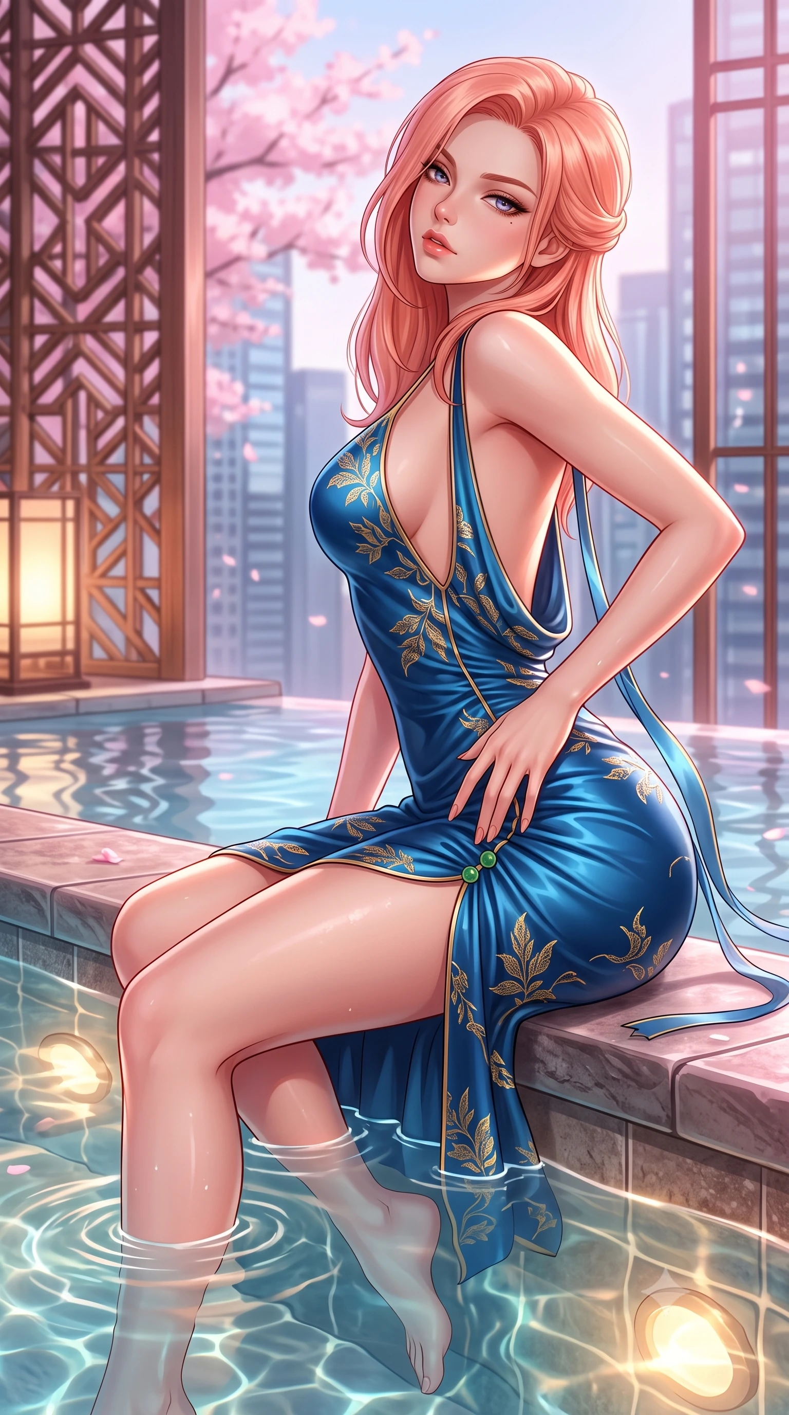 score_9, masterpiece, best quality, ultra-detailed, high-budget anime keyframe, semi-realistic 3D game render, editorial fashion photography, tasteful artistic composition, Japanese woman. close-up cowboy shot from the waist and thighs up, the character dominates the composition, filling the frame with her large presence. arching her spine backward with effortless dancer poise, one hand sliding along her hip line as directional light carves specular highlights along her silhouette while sitting on the stone infinity pool edge with legs dipped in water, turning her upper body in an alluring S-curve toward the camera. The surrounding environment is rendered in vivid detail and crisp panoramic clarity. detailed mineral pool ripple caustics, cedar lattice work, and city skyscraper windows in high clarity. She has an exceptionally elegant, slender, and willowy female figure with an ultra-slim waist, a gracefully sculpted slender torso, toned flat midriff, and rounded feminine hips creating an alluring hourglass silhouette. sharp v-shaped jawline, high-bridge nose, intricate jewel-like eyes with depth, thick eyelashes, glossy parted lips with a natural sheen, intensely captivating and seductive bedroom-eyes expression, flawlessly proportioned anatomical accuracy, strict slender model proportions, natural body alignment, perfectly sculpted long slender limbs, ultra-slim waistline, clean dynamic posture without body distortion. wearing a form-contouring liquid satin slip dress with a deep cowl back and hip-defining ruching in deep azure blue and gold leaf embroidery, woven from lightweight fluid silk brocade with woven gold thread, finished with genuine jade button closures and floating celestial silk ribbons, the glove-like aerodynamic silhouette tightly following the natural contour of her hips and long slender legs with statuesque precision. bathed in soft pink cherry blossom ambient glow and warm underwater mineral pool lights. highly saturated vibrant anime colors, detailed shading with soft gradients, rich glossy textures, high-contrast stereoscopic depth, volumetric dynamic lighting, master piece, 9:16 ratio