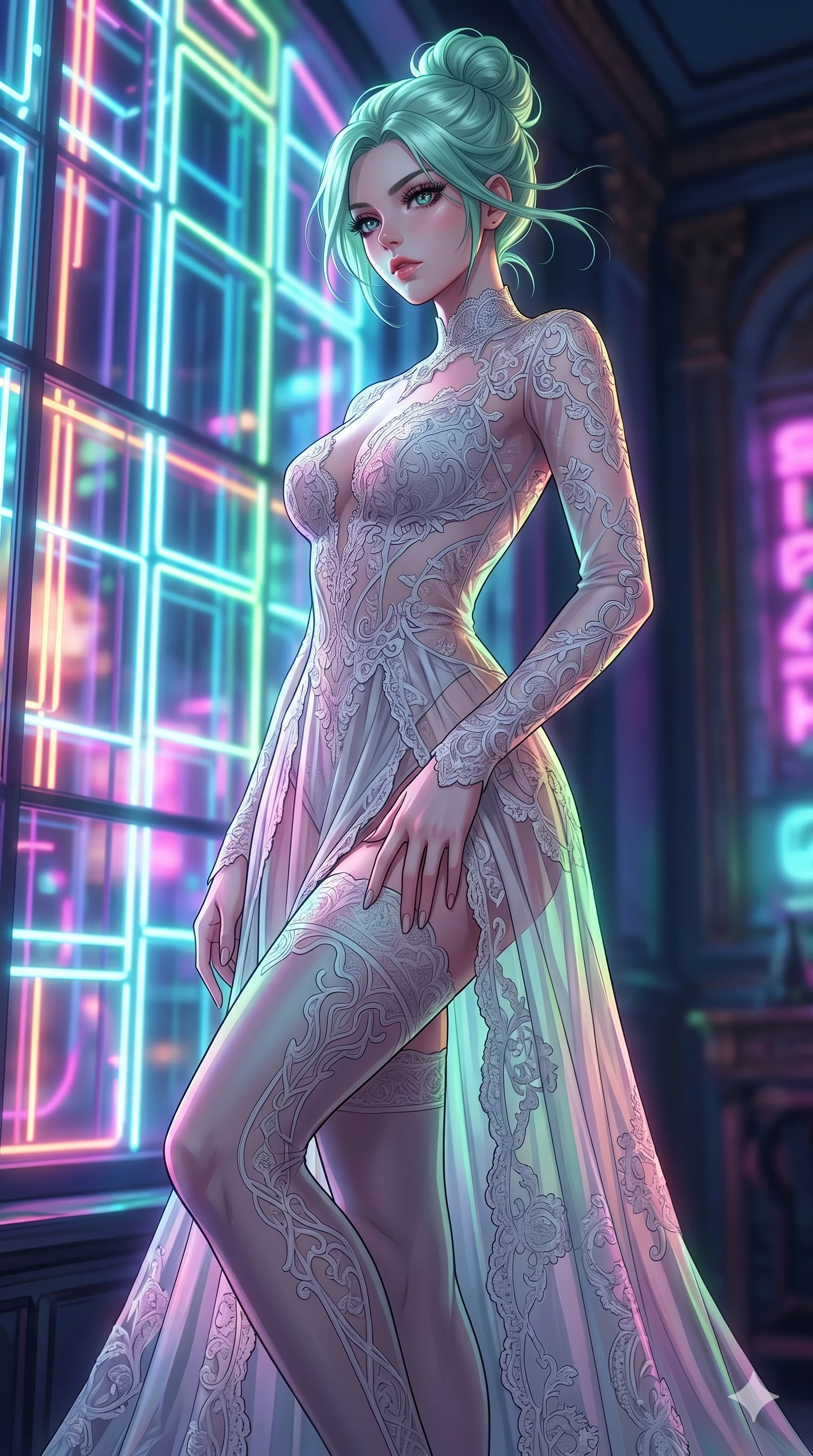 score_9, masterpiece, best quality, ultra-detailed, High-budget Anime Keyframe, East Asian woman. Low angle cowboy shot filling the entire 9:16 frame with her statuesque presence. Scenario 77: Adjusting her sculptural over-the-knee stocking by a glowing neon window. Her presence is magnetic and overpowering in this high-budget anime scene. Outfit 77: A delicate technical lace long with a artistic translucent overlays and delicate lace embroidery. The clothing is designed to emphasize her exceptionally tall and slender 8-heads proportion. 8-heads proportion, towering silhouette, ultra-slim waist. sharp v-shaped jawline, intricate jewel-like eyes with depth, thick eyelashes, glossy lips. 2k, ultra detail, master piece, 9:16 ratio