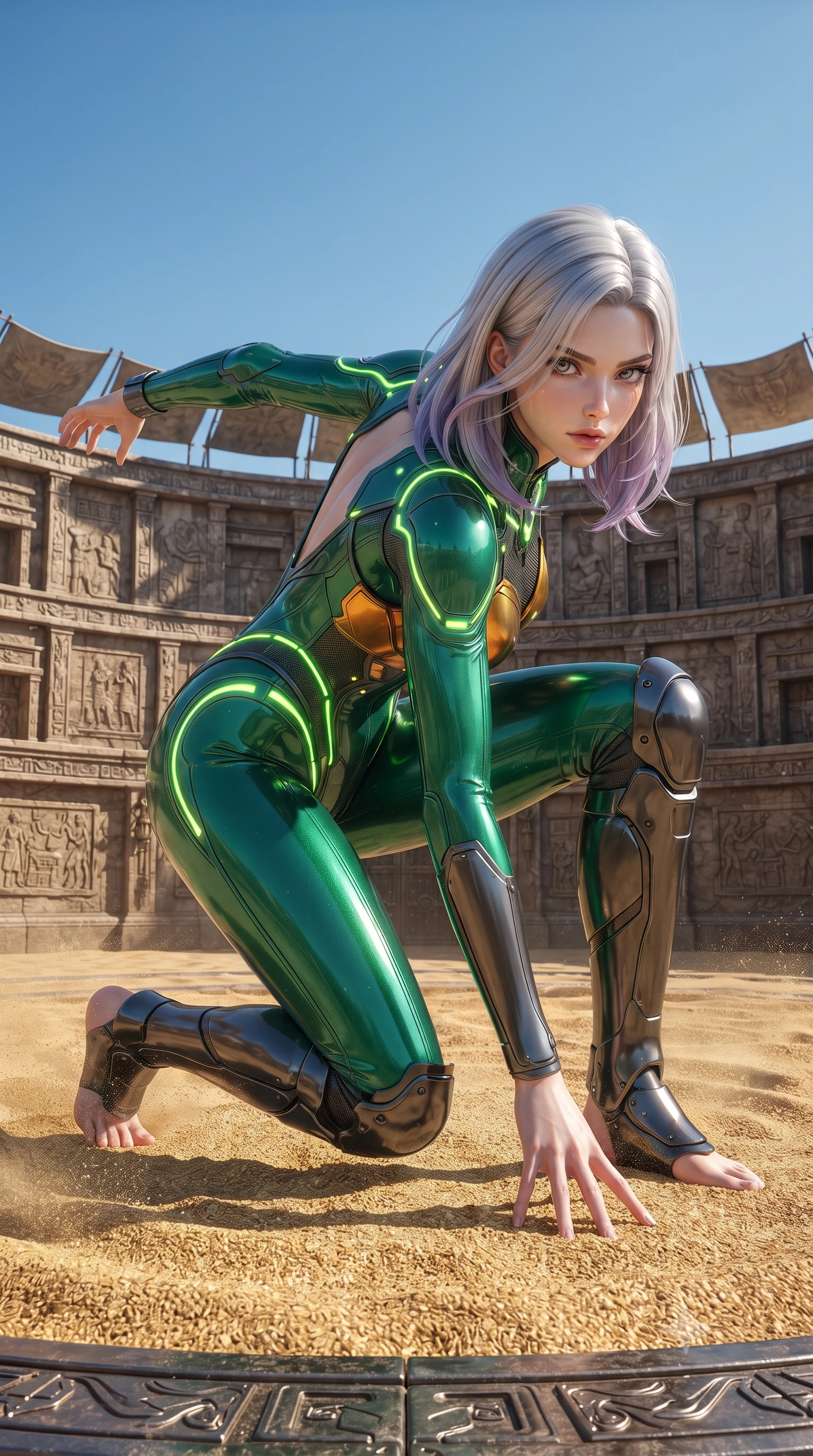 score_9, masterpiece, best quality, ultra-detailed, high-budget anime keyframe, editorial fashion photography, tasteful artistic composition, Caucasian woman. low angle full-body shot from head to toe showing her feet, filling the entire 9:16 vertical frame with her statuesque presence, stretching her vertical silhouette. landing gracefully from a high-altitude leap on one knee and palm, her statuesque silhouette framed by radial shockwave ripples in the ground while sliding across the sand into a low defensive crouch with one hand trailing through the golden grains with captivating allure. The surrounding environment is rendered in vivid detail and crisp panoramic clarity. intricate titanium armor plating bevels, colosseum wall carvings, and clear blue sky in high clarity. She has an absolutely perfect, statuesque 8.5-heads proportion, an exceptionally tall and slender model-like female figure with impossibly long slender legs, a toned flat midriff, and an ultra-slim waist. sharp v-shaped jawline, high-bridge nose, intricate jewel-like eyes with depth, thick eyelashes, glossy lips with a natural sheen, flawlessly proportioned anatomical accuracy, strict slender model proportions, natural body alignment, perfectly sculpted long slender limbs, ultra-slim waistline, clean dynamic posture without body distortion. wearing a tailored emerald-green carbon-fiber tactical jumpsuit with glowing lime LED channels, open cowl back, and reinforced combat shin-guards in molten amber-gold carbon cuirass with dark titanium weave, tailored from flexible second-skin carbon-mesh that clings flawlessly to her athletic curves, accented with glowing fiber-optic conduits tracing her collarbones and hip curves, the sleek second-skin cut tightly hugging her graceful clavicle, narrow waist, and feminine curves with athletic precision. illuminated by crisp white key lighting with sharp specular highlights tracing her ultra-slim waist and long legs. ultra-reflective glossy finish, specular highlights, dark metallic sheen, high-contrast stereoscopic depth, volumetric dynamic lighting, 2k, ultra detail, master piece, 9:16 ratio
