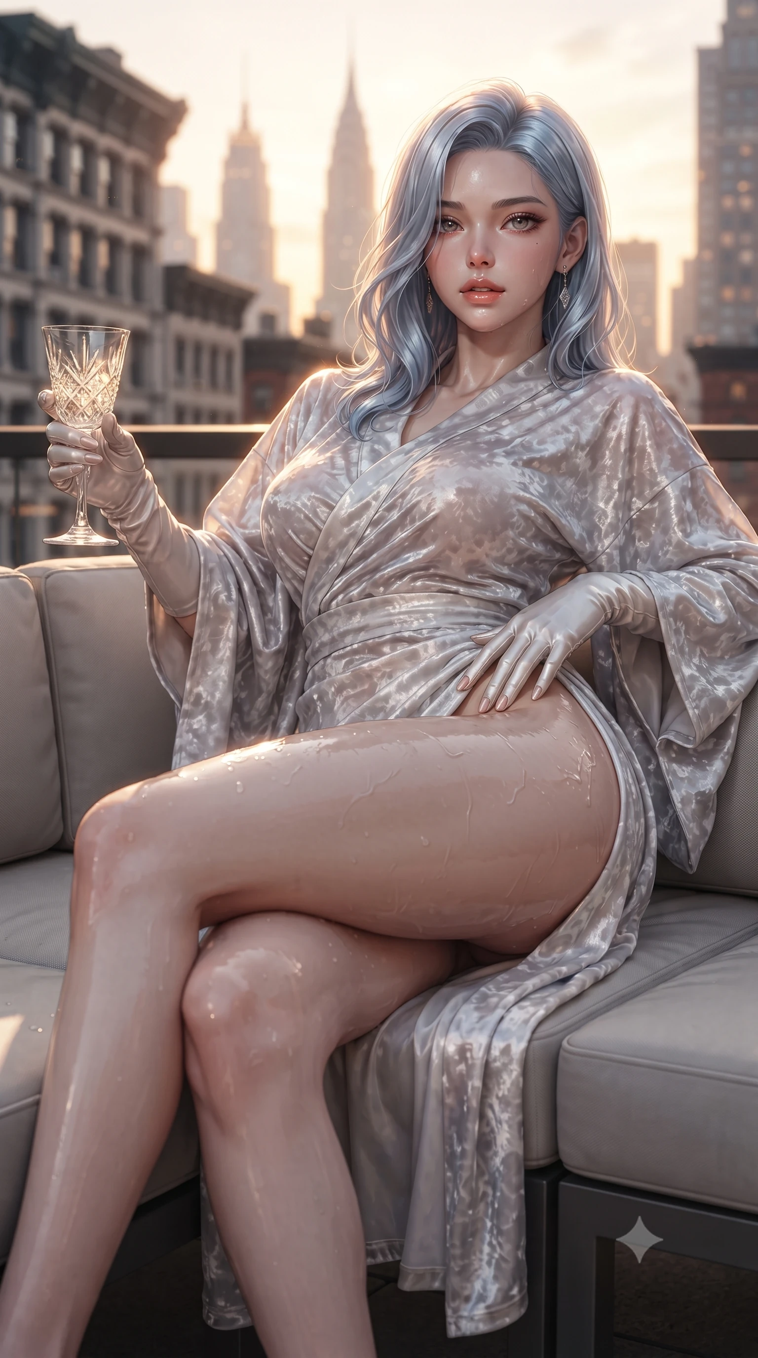score_9, masterpiece, best quality, ultra-detailed, high-budget anime keyframe, editorial fashion photography, tasteful artistic composition, Korean woman. close-up cowboy shot from the waist and thighs up, the character dominates the composition, filling the frame with her large presence. resting one manicured hand delicately on her hip bone, her upper body turning in a fluid, seductive S-curve while parted lips glisten in the light while reclining across an outdoor modular sofa propped on one elbow, her long slender legs and curvy hourglass curves commanding the skyline. The composition keeps background elements in soft focus with creamy bokeh. historic cast-iron building cornices and glittering Midtown skyscraper spires blurred into rose-gold, amber, and slate-blue bokeh. She has an exceptionally elegant, slender, and willowy female figure with an ultra-slim waist, flat toned midriff, narrow ribcage, and sculpted feminine hips creating an alluring, slim hourglass silhouette without bulk. sharp v-shaped jawline, high-bridge nose, intricate jewel-like eyes with depth, thick eyelashes, glossy parted lips with a natural sheen, intensely captivating and seductive bedroom-eyes expression, flawlessly proportioned anatomical accuracy, strict slender model proportions, natural body alignment, perfectly sculpted long slender limbs, ultra-slim waistline, clean dynamic posture without body distortion. wearing a delicate semi-translucent silk yukata that clings to her wet skin and curvy hip contours in shimmering silver mercury and pearl white, crafted from heavyweight crushed silk velvet with liquid vintage luster, accessorized with opera-length satin gloves and a vintage crystal glass, the form-contouring material adhering flawlessly to her sculpted flat midriff and slender torso, emphasizing her long leg lines and perfectly proportioned willowy build. bathed in dramatic golden hour Manhattan sunset backlighting and warm rooftop timber bounce fill. ultra-reflective glossy finish, specular highlights, rich textural contrasts, high-contrast stereoscopic depth, volumetric dynamic lighting, 2k, ultra detail, master piece, 9:16 ratio