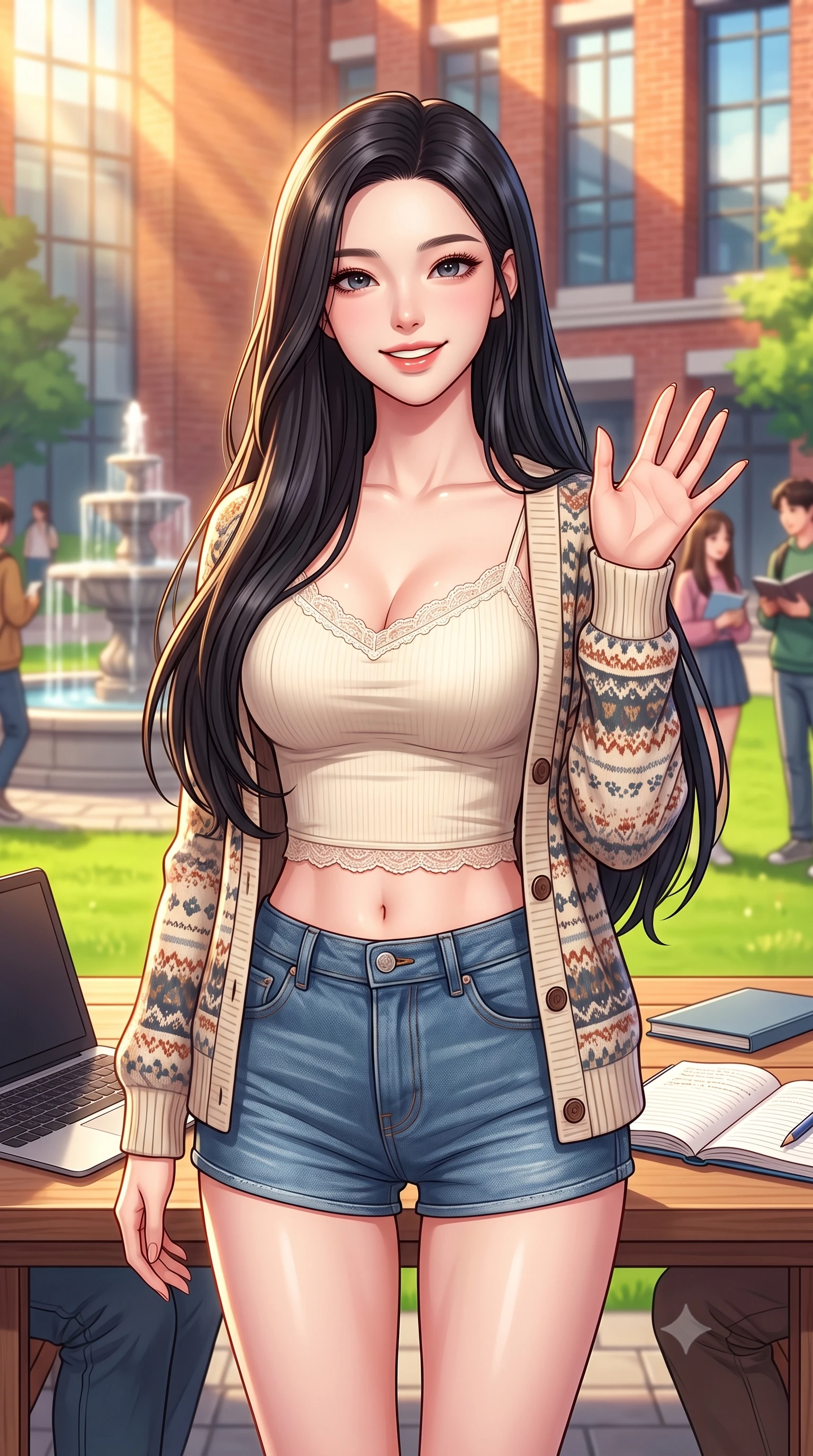score_9, masterpiece, best quality, ultra-detailed, high-budget anime keyframe, editorial fashion photography, tasteful artistic composition, Korean woman. close-up cowboy shot from the waist and thighs up, the character dominates the composition, filling the frame with her large presence, background elements kept in soft focus. flashing a sweet, beaming smile while waving one hand gently toward the camera set against a soft-focus background of in a lively university plaza near a decorative stone fountain and green lawns with a laptop and open notebooks arranged on a wooden table. She has an exceptionally elegant, slender, and willowy female figure with an ultra-slim waist, a gracefully sculpted slender torso, and a refined silhouette. sharp v-shaped jawline, high-bridge nose, intricate jewel-like eyes with depth, thick eyelashes, glossy lips with a natural sheen. wearing slim-fit delicate lace-trim crop top in cream, worn under an open preppy cardigan and denim shorts. warm golden sunbeams reflecting off the red-brick walls and glass windows. highly saturated vibrant anime colors, detailed shading with soft gradients, rich glossy textures, high-contrast stereoscopic depth, volumetric dynamic lighting, master piece, 9:16 ratio