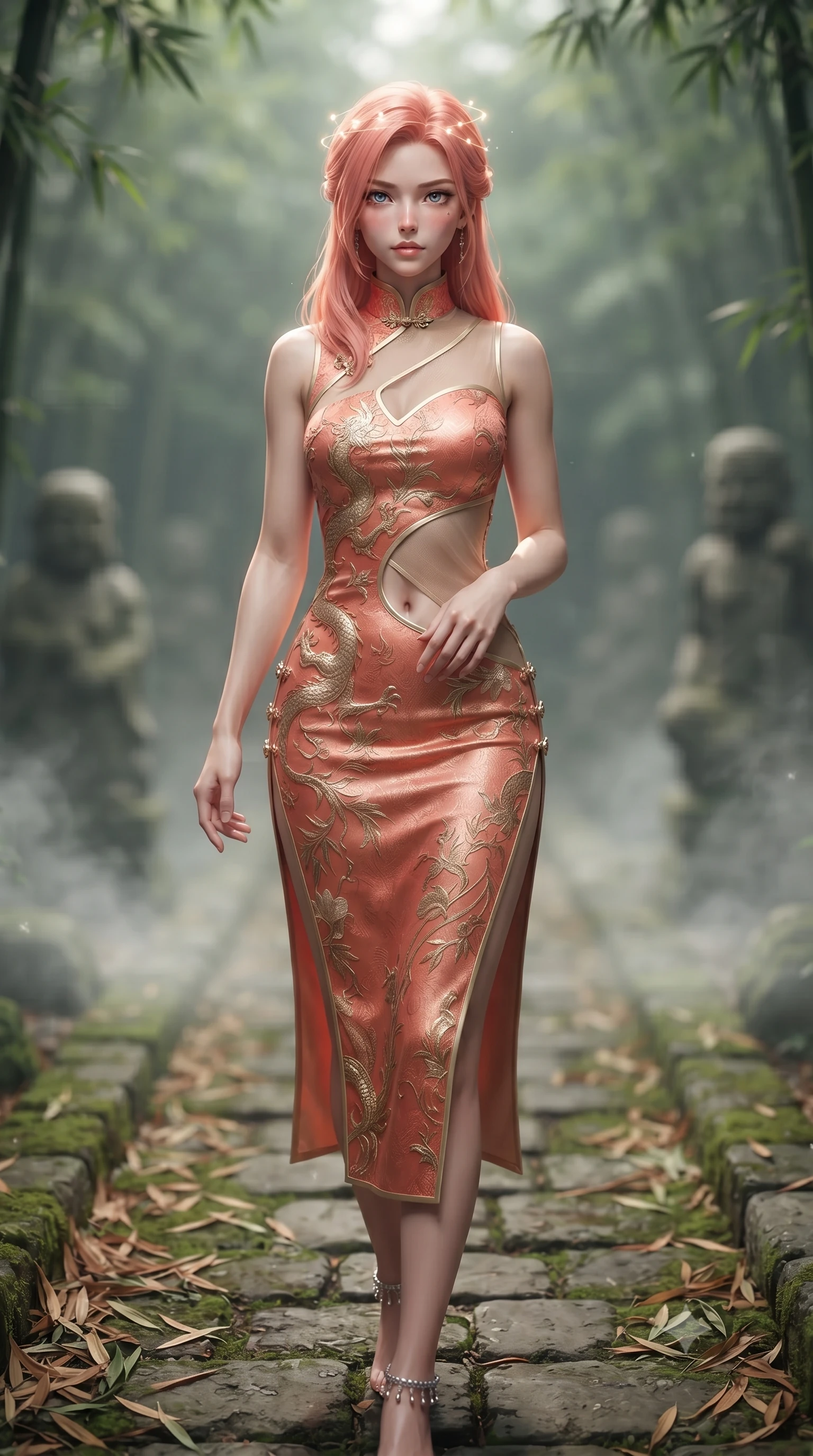 score_9, masterpiece, best quality, ultra-detailed, high-budget anime keyframe, editorial fashion photography, tasteful artistic composition, Japanese woman. close-up cowboy shot from the waist and thighs up, the character dominates the composition, filling the frame with her large presence. holding her hands loosely in front with regal, aristocratic poise, radiating an overwhelming high-society aura while striding along a stone path covered in fallen bamboo leaves with effortless, otherworldly supernatural balance. The composition keeps background elements in soft focus with creamy bokeh. drifting forest ground mist and ancient stone statues softened in dreamy shallow depth of field. She has an exceptionally elegant, slender, and willowy female figure with an ultra-slim waist, a gracefully sculpted slender torso, toned flat midriff, and a refined slim silhouette. sharp v-shaped jawline, high-bridge nose, intricate jewel-like eyes with depth, thick eyelashes, glossy lips with a natural sheen, captivating and magnetic expression, flawlessly proportioned anatomical accuracy, strict slender model proportions, natural body alignment, perfectly sculpted long slender limbs, ultra-slim waistline, clean dynamic posture without body distortion. wearing a dragon-embroidered silk cheongsam modern dress with asymmetrical sheer mesh cutouts and high Mandarin collar in sunrise coral and champagne gold, woven from fine mulberry silk with metallic thread embroidery, accented with dainty silver ankle bells and a glowing constellation circlet, the precision-cut daring openings accentuating her delicate midriff, graceful bare collarbones, and ultra-slim feminine waistline. surrounded by an enchanting, mysterious, and captivating oriental spirit sorceress aura. ultra-reflective glossy finish, specular highlights, rich textural contrasts, high-contrast stereoscopic depth, volumetric dynamic lighting, 2k, ultra detail, master piece, 9:16 ratio