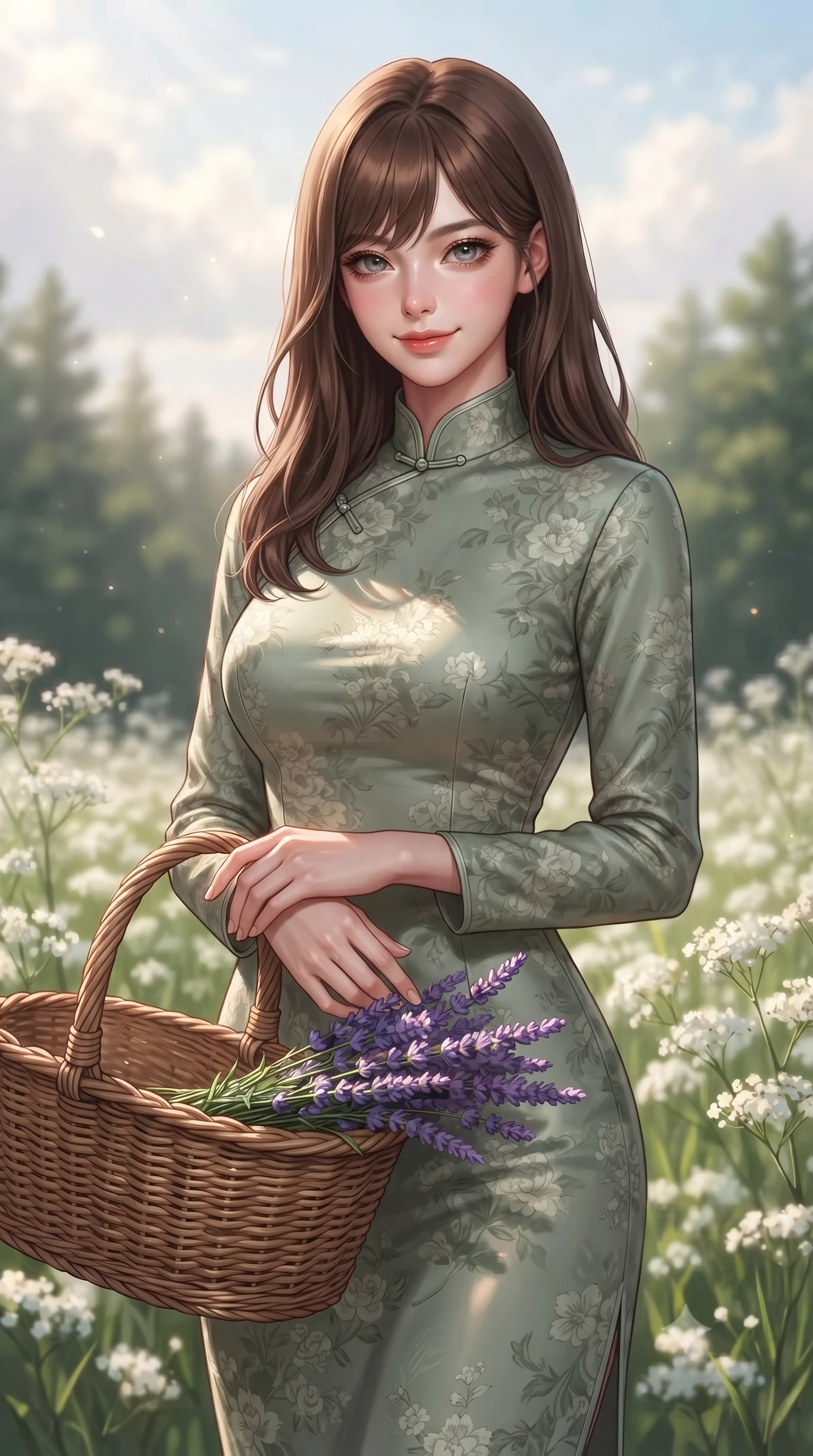 score_9, masterpiece, best quality, ultra-detailed, high-budget anime keyframe, editorial fashion photography, tasteful artistic composition, Korean woman. close-up cowboy shot from the waist and thighs up, the character dominates the composition, filling the frame with her large presence, background elements kept in soft focus. smiling with cute and bright self-assurance, looking directly at the viewer set against a soft-focus background of on a scenic meadow filled with white baby's breath flowers near a forest carrying a woven basket filled with freshly picked lavender stems. She has an exceptionally elegant, slender, and willowy female figure with an ultra-slim waist, a gracefully sculpted slender torso, and a refined silhouette. sharp v-shaped jawline, high-bridge nose, intricate jewel-like eyes with depth, thick eyelashes, glossy lips with a natural sheen. wearing slim-fit lovely floral print midi dress in sage green, featuring a high collar and long sleeves. soft afternoon sunbeams filtering through light clouds, casting gentle shadows. highly saturated vibrant anime colors, detailed shading with soft gradients, rich glossy textures, high-contrast stereoscopic depth, volumetric dynamic lighting, master piece, 9:16 ratio