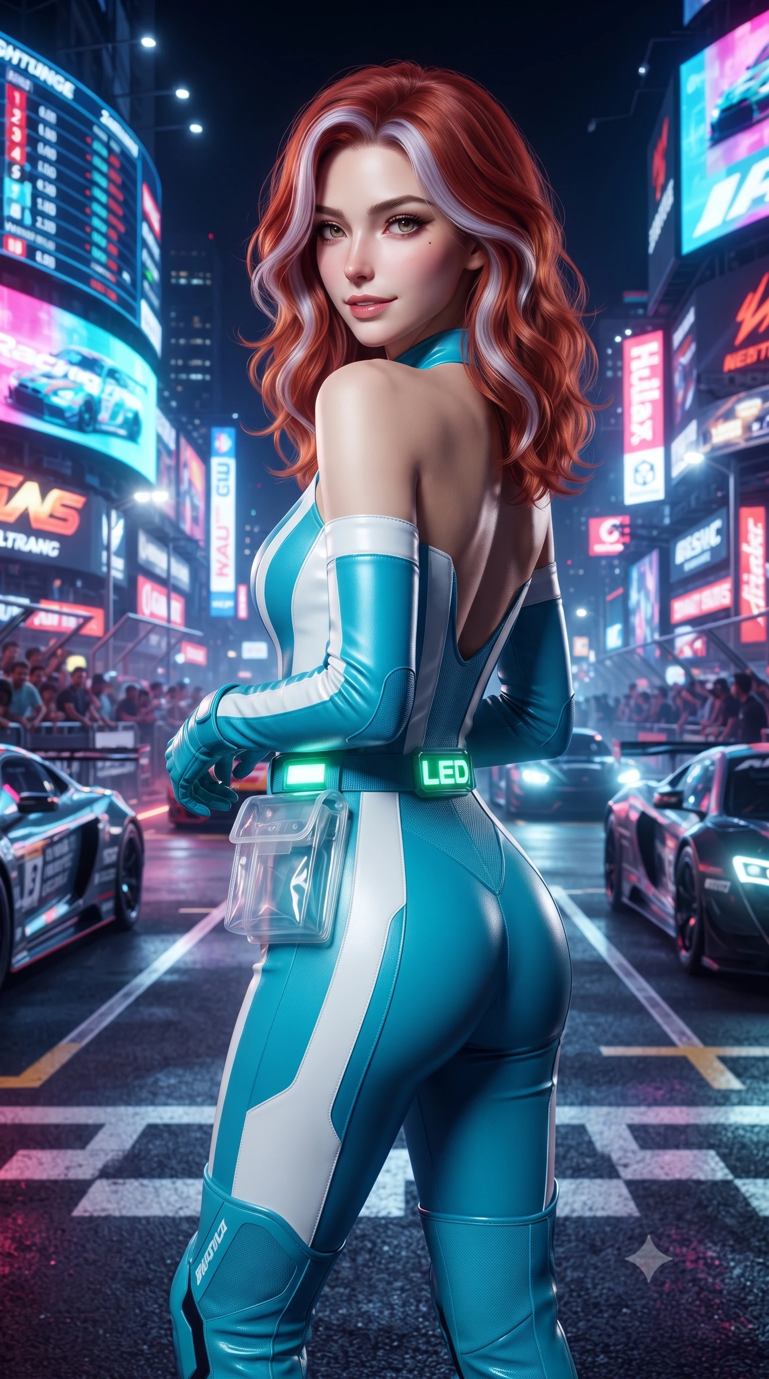 score_9, masterpiece, best quality, ultra-detailed, high-budget anime keyframe, editorial fashion photography, tasteful artistic composition, Caucasian woman. close-up cowboy shot from the waist and thighs up, the character dominates the composition, filling the frame with her large presence. turning over a bare shoulder with an intoxicating, teasing smile, her soft hair framing her sharp jawline as she looks back while posing boldly at the center of the illuminated starting grid as giant holographic jumbotrons flash behind her. The surrounding environment is rendered in vivid detail and crisp panoramic clarity. intense neon-noir chiaroscuro and exhilarating urban drift culture aesthetics rendered with precision. She has an exceptionally elegant, slender, and willowy female figure with an ultra-slim waist, a gracefully sculpted slender torso, toned flat midriff, and a refined slim silhouette. sharp v-shaped jawline, high-bridge nose, intricate jewel-like eyes with depth, thick eyelashes, glossy parted lips with a natural sheen, intensely captivating and seductive expression, flawlessly proportioned anatomical accuracy, strict slender model proportions, natural body alignment, perfectly sculpted long slender limbs, ultra-slim waistline, clean dynamic posture without body distortion. wearing a second-skin motocore bodysuit with bold racing stripes and ergonomic aerodynamic knee-high boots in racing aqua blue and stark white, crafted from compression knit fabric sculpting her athletic hourglass lines, complemented by a neon LED belt buckle and translucent vinyl tool pouch, the glove-like aerodynamic second-skin fit tightly clinging to her ultra-slender waist and athletic curves without adding bulk, accentuating her razor-sharp statuesque lines and slim hourglass silhouette. illuminated by crisp directional rim lighting sharply defining her razor-sharp jawline and feminine curves. ultra-reflective glossy finish, specular highlights, rich textural contrasts, high-contrast stereoscopic depth, volumetric dynamic lighting, 2k, ultra detail, master piece, 9:16 ratio