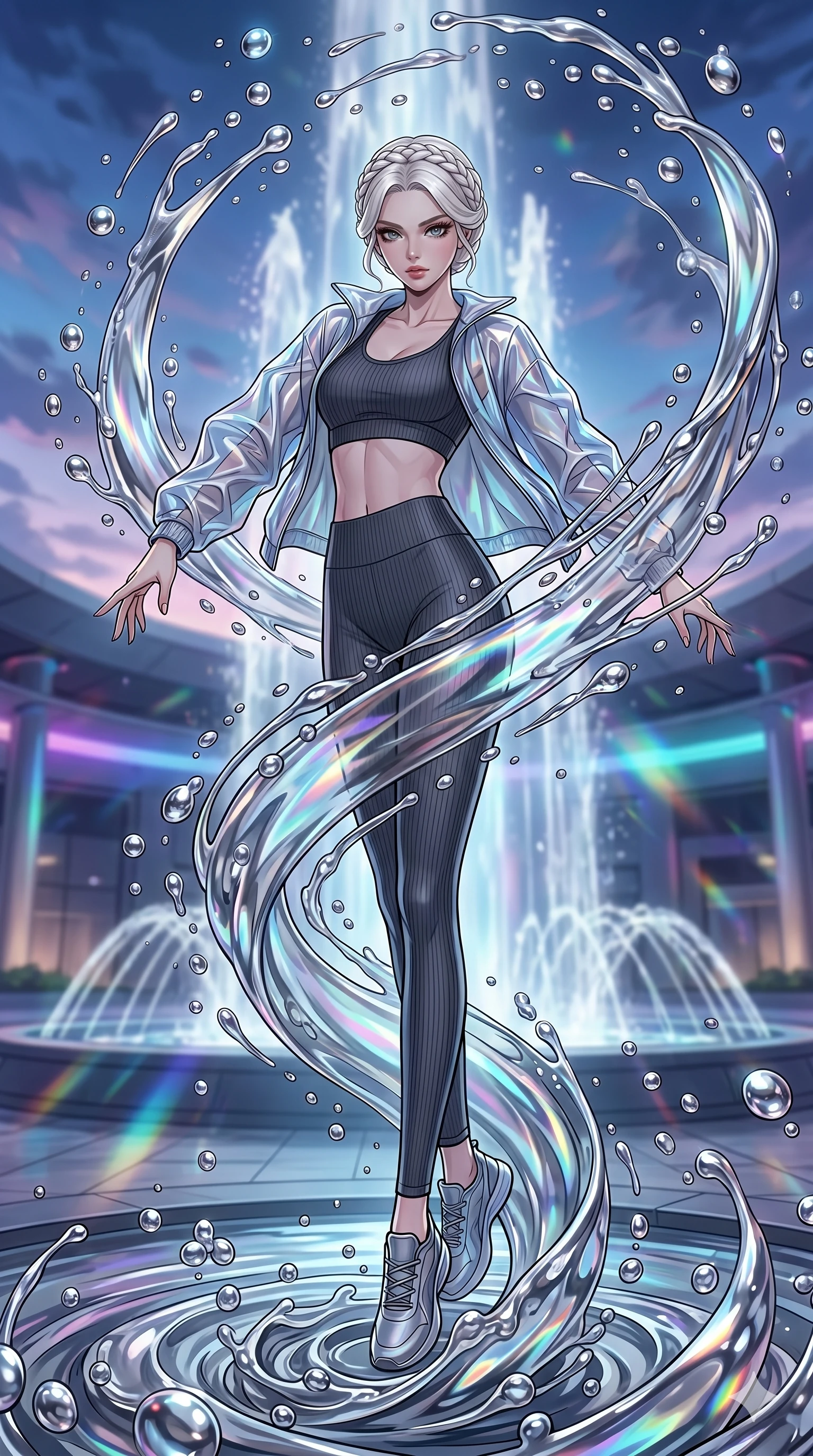 score_9, masterpiece, best quality, ultra-detailed, high-budget anime movie keyframe, cinematic anime lighting, intricate line art, Caucasian (strictly human ears) anime girl. Dynamic full-body shot stretching the vertical silhouette with extreme perspective. spinning in a fountain of liquid silver, droplets suspended in mid-air. She has an absolutely perfect 8-heads proportion, an exceptionally tall and slender female figure with an ultra-slim waist and impossibly long slender legs. strictly human anatomy, two legs only, no extra limbs, clearly defined legs and arms, perfect anatomy, perfect hands and fingers. sharp v-shaped jawline, high-bridge nose, intricate jewel-like eyes, thick eyelashes, glossy lips. Wearing Premium Athleisure: Ribbed sports bra and leggings set, sheer windbreaker, and sleek high-performance activewear. The scene is illuminated by dramatic atmospheric lighting and vibrant color palettes. , 2k, ultra detail, master piece, 9:16 ratio