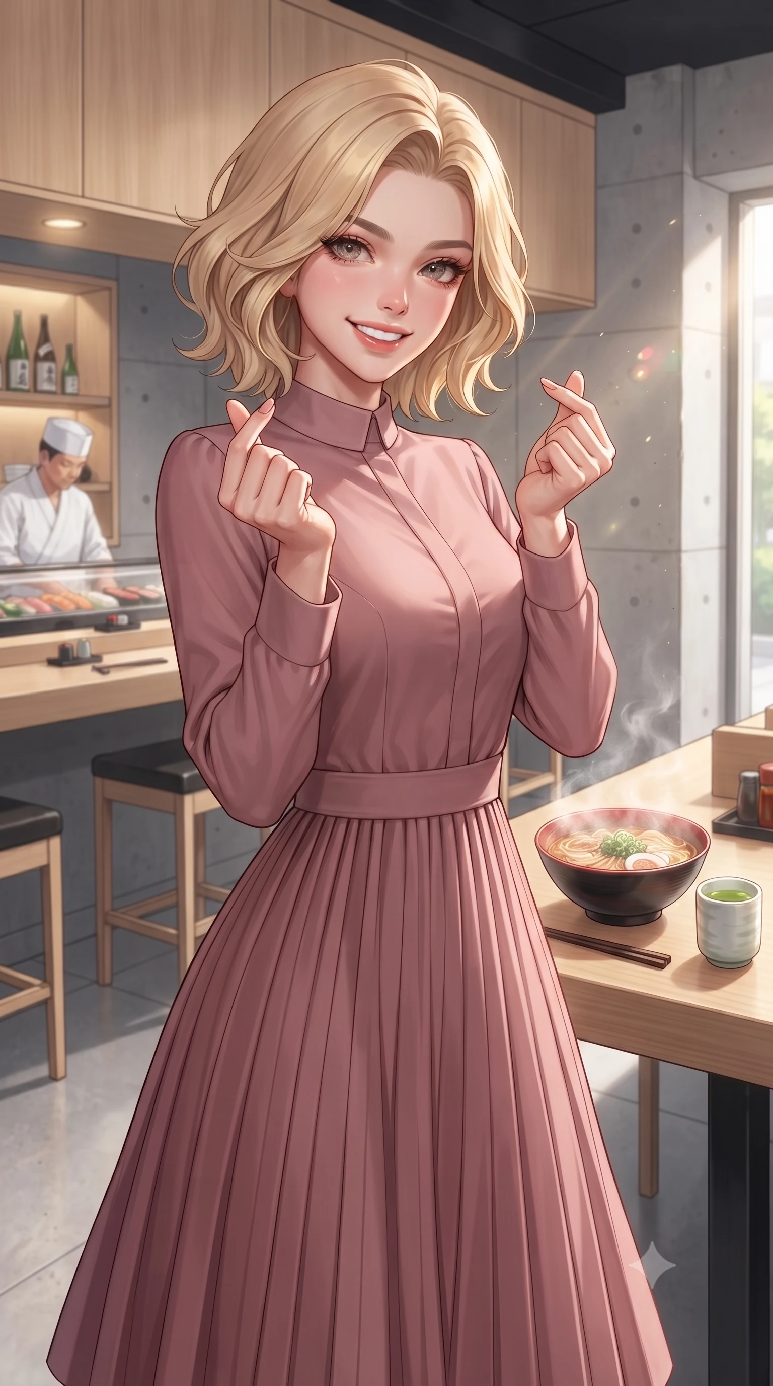 score_9, masterpiece, best quality, ultra-detailed, high-budget anime keyframe, editorial fashion photography, tasteful artistic composition, Caucasian woman. close-up cowboy shot from the waist and thighs up, the character dominates the composition, filling the frame with her large presence, background elements kept in soft focus. flashing a bright, sunny grin, holding her fingers in a cute small heart shape set against a soft-focus background of inside an upscale modern sushi bar with sleek wood panels and concrete accents with a steaming bowl of ramen and a small cup of hot green tea nearby. She has an exceptionally elegant, slender, and willowy female figure with an ultra-slim waist, a gracefully sculpted slender torso, and a refined silhouette. sharp v-shaped jawline, high-bridge nose, intricate jewel-like eyes with depth, thick eyelashes, glossy lips with a natural sheen. wearing tailored lovely long-sleeve midi dress in dusty rose, featuring a high collar and pleated skirt. crisp morning sun rays creating a fresh and energetic breakfast atmosphere. highly saturated vibrant anime colors, detailed shading with soft gradients, rich glossy textures, high-contrast stereoscopic depth, volumetric dynamic lighting, master piece, 9:16 ratio