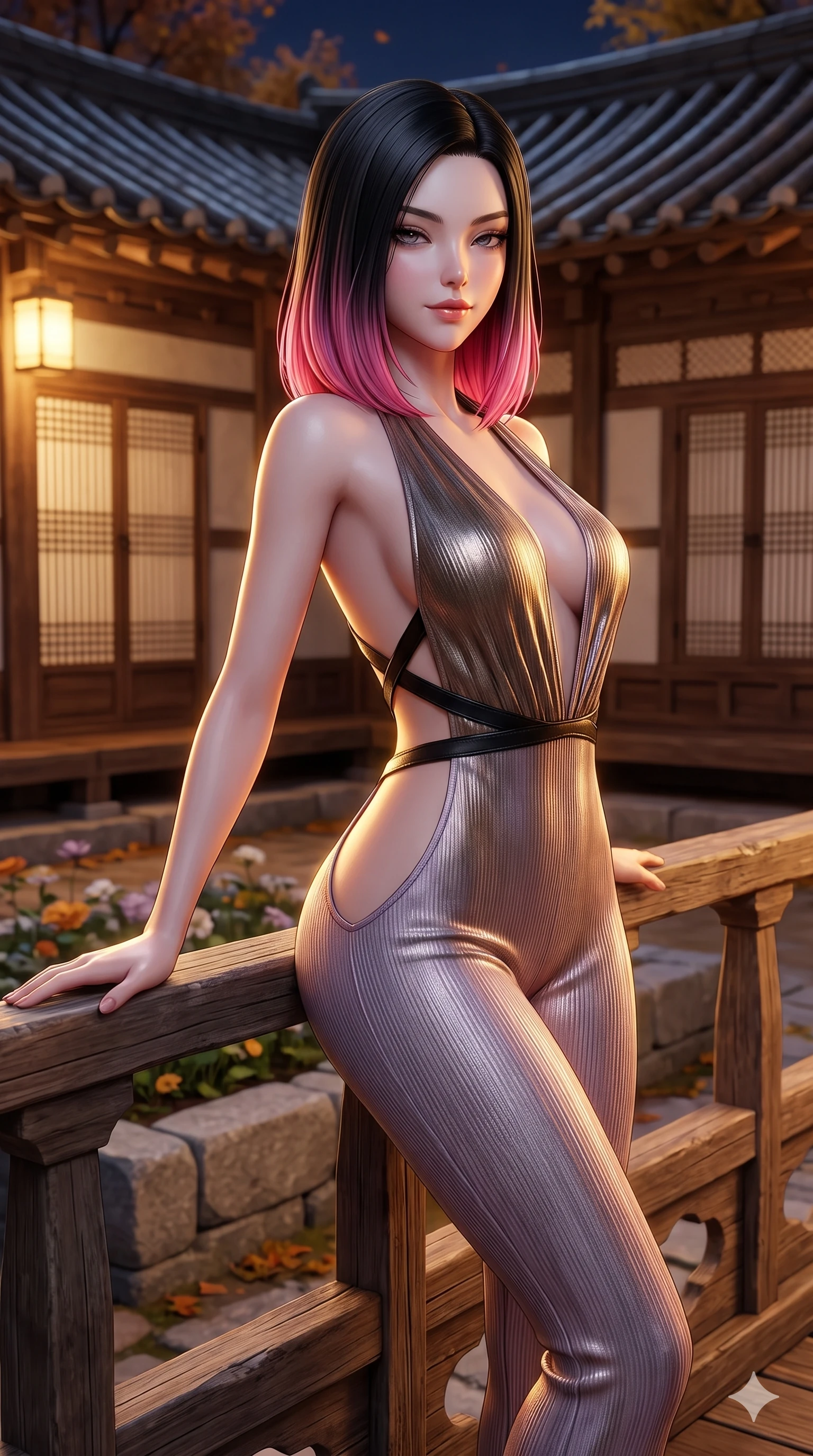 score_9, masterpiece, best quality, ultra-detailed, high-budget anime keyframe, semi-realistic 3D game render, editorial fashion photography, tasteful artistic composition, Korean woman. close-up cowboy shot from the waist and thighs up, the character dominates the composition, filling the frame with her large presence. leaning back against the balustrade with relaxed seductive grace, head tilted back slightly while casting a hypnotic, heavy-lidded gaze while standing tall beside the stone flower bed in the hanok courtyard, arching her lower back to emphasize her curvy hips against the clay-tiled eaves. The background shows a soft-focus historic Korean hanok courtyard softened in tranquil autumn night shallow focus. She has an exceptionally elegant, slender, and willowy female figure with an ultra-slim waist, flat toned midriff, narrow ribcage, and sculpted feminine hips creating an alluring, slim hourglass silhouette without bulk. sharp v-shaped jawline, high-bridge nose, sparkling eyes with hypnotic seductive depth, thick curled eyelashes, glossy parted lips with a natural dewy peach sheen, alluring bedroom-eyes with an enchanting coquettish smile, exuding magnetic siren charisma and sophisticated glamour, flawlessly proportioned anatomical accuracy, strict slender model proportions, natural body alignment, perfectly sculpted long slender limbs, ultra-slim waistline, clean dynamic posture without body distortion. wearing a backless liquid metallic lamé plunge halterneck jumpsuit with high-cut side hip cutouts in vintage bronze patina and pale wisteria lilac, tailored from fine ribbed modal knit with gentle elastic contouring and soft hand-feel, featuring an open-back criss-cross harness strap in patent black leather, the impeccably tailored cut draping gracefully along her slender figure with aristocratic eastern poise. illuminated by courtyard lantern bounce and sharp honey-gold rim lights sculpting her razor-sharp jawline, narrow waist, and curvy hips. highly saturated vibrant anime colors, detailed shading with soft gradients, rich glossy textures, high-contrast stereoscopic depth, volumetric dynamic lighting, master piece, 9:16 ratio