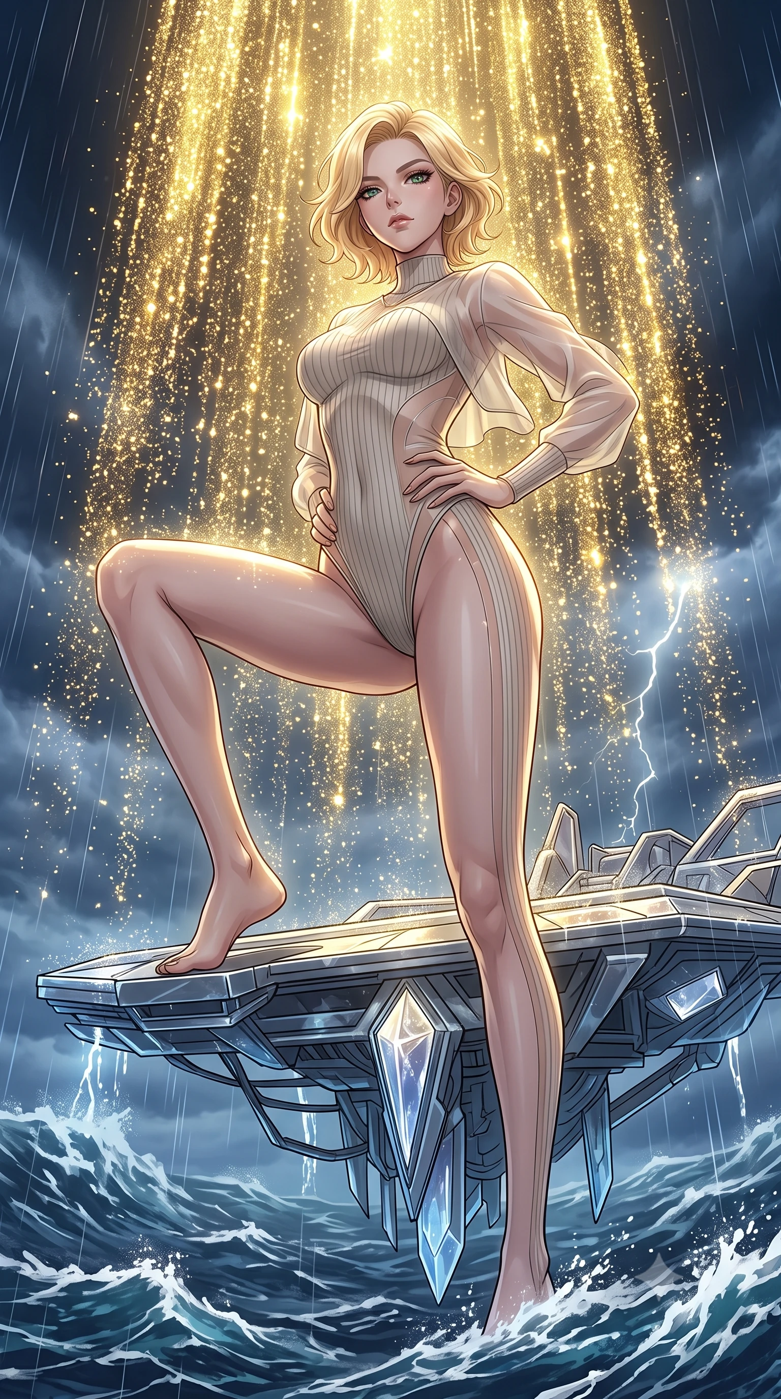 score_9, masterpiece, best quality, ultra-detailed, High-budget Anime Keyframe, Caucasian woman, strictly human ears. Low angle cowboy shot filling the entire 9:16 frame with her statuesque presence. Scenario 333: showering under a cascade of glittering gold stardust inside a floating platform suspended over a stormy sea of dark blue water. Her presence is magnetic and overpowering in this high-budget anime scene. Outfit 333: a form-contouring ribbed bodycon knit second with a high-cut leg line and translucent layers. The clothing is designed to emphasize her exceptionally tall and slender 8-heads proportion. 8-heads proportion, towering silhouette, ultra-slim waist. sharp v-shaped jawline, intricate jewel-like eyes with depth, thick eyelashes, glossy lips. 2k, ultra detail, master piece, 9:16 ratio
