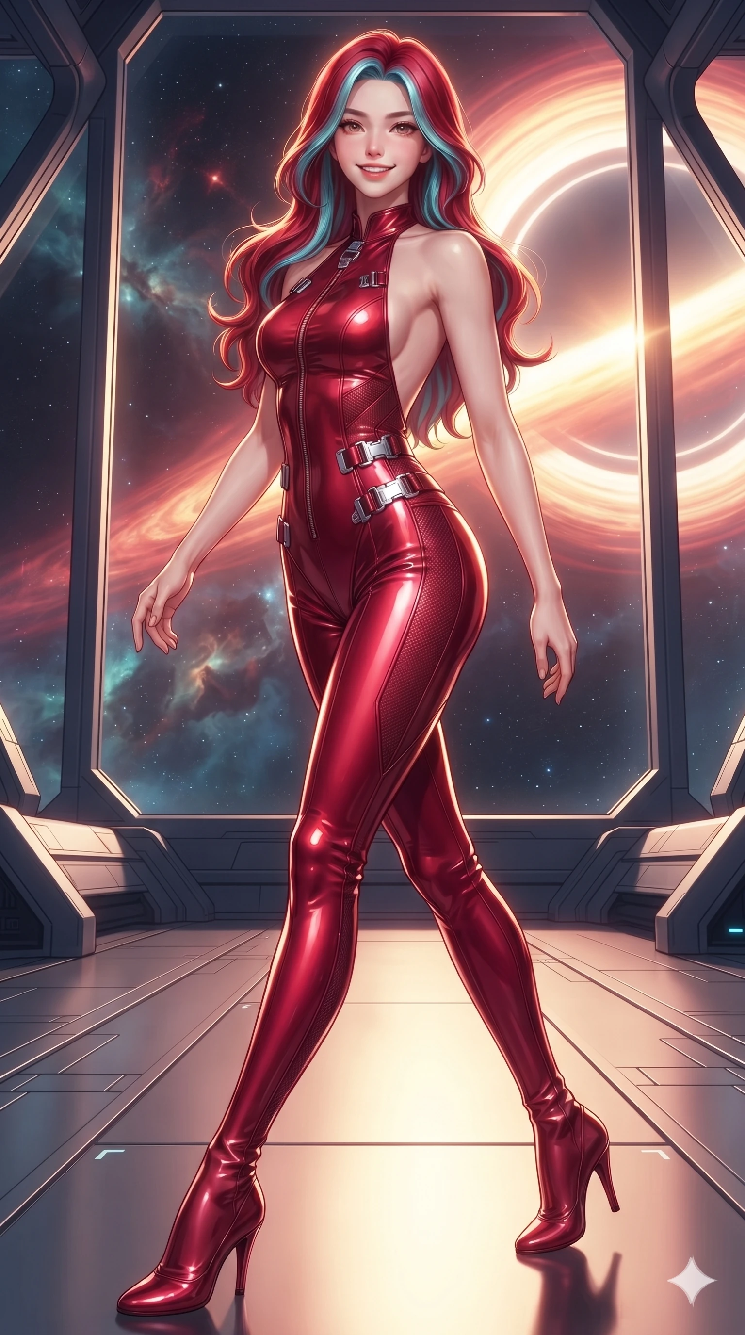 score_9, masterpiece, best quality, ultra-detailed, high-budget anime keyframe, editorial fashion photography, tasteful artistic composition, Caucasian woman. low angle full-body shot from head to toe showing her feet, filling the entire 9:16 vertical frame with her statuesque presence, stretching her vertical silhouette. stepping forward in a confident stride along the catwalk, her long slender legs and curvaceous hips creating a dynamic, sweeping vertical line while twisting her slender torso in an alluring contrapposto stance, blazing golden accretion light and deep space void reflections tracing her silhouette with cosmic intensity. The surrounding environment is rendered in vivid detail and crisp panoramic clarity: detailed combat suit weave, blinding accretion light reflections on armor, and deep-space observatory architecture in high clarity. She has an absolutely perfect, statuesque 8.5-heads proportion, an exceptionally tall and slender model-like female figure with impossibly long slender legs, an ultra-slim waist, a flat toned midriff, narrow delicate ribcage, and beautifully sculpted feminine hips creating a graceful, slim hourglass silhouette without any bulky heaviness. sharp v-shaped jawline, high-bridge nose, intricate jewel-like sparkling eyes with depth, thick eyelashes, glossy parted lips with a natural sheen, bright confident smile with an enchanting and coquettish sensual glint, exuding both youthful magnetic charm and sovereign high-tech allure, flawlessly proportioned anatomical accuracy, strict slender model proportions, natural body alignment, perfectly sculpted long slender limbs, ultra-slim waistline, clean dynamic posture without body distortion. wearing an alluring backless liquid titanium halterneck jumpsuit with deep scoop back down to her lower spine and hip ventilation slits in relativistic crimson and blazing accretion gold, tailored from ultra-reflective glossy liquid vinyl with mirror-like specular highlights, finished with polished chrome buckle hardware and modular magnetic holster clasps, the form-contouring cut accentuating her sculpted flat midriff, narrow delicate ribcage, and gracefully curvy hips with cybernetic supermodel precision. bathed in intense, blazing golden and crimson relativistic light streaming from the accretion disk through massive transparent viewports. ultra-reflective glossy finish, specular highlights, rich textural contrasts, high-contrast stereoscopic depth, volumetric dynamic lighting, 2k, ultra detail, master piece, 9:16 ratio