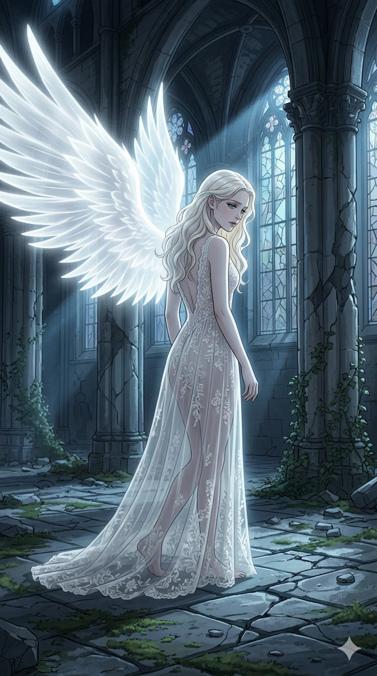 score_9, masterpiece, best quality, ultra-detailed, semi-realistic high-budget anime keyframe, an incredibly beautiful ethereal Caucasian woman with flawless pale skin (strictly human ears). Dynamic full-body shot filling the 9:16 frame. She is a fallen angel wandering a ruined cathedral, her wings made of glowing white light. She has an absolutely perfect 8-heads proportion, a towering female figure with a delicate skinny aesthetic. Her face is a masterpiece with platinum blonde hair and emerald eyes. She is wearing a sheer fabric lace gown, unzipped deeply, highlighting her alluring silhouette. Moonbeams through broken stained glass, dramatic rim lighting, radiant glowing skin, 2k, ultra detail, master piece, 9:16 ratio