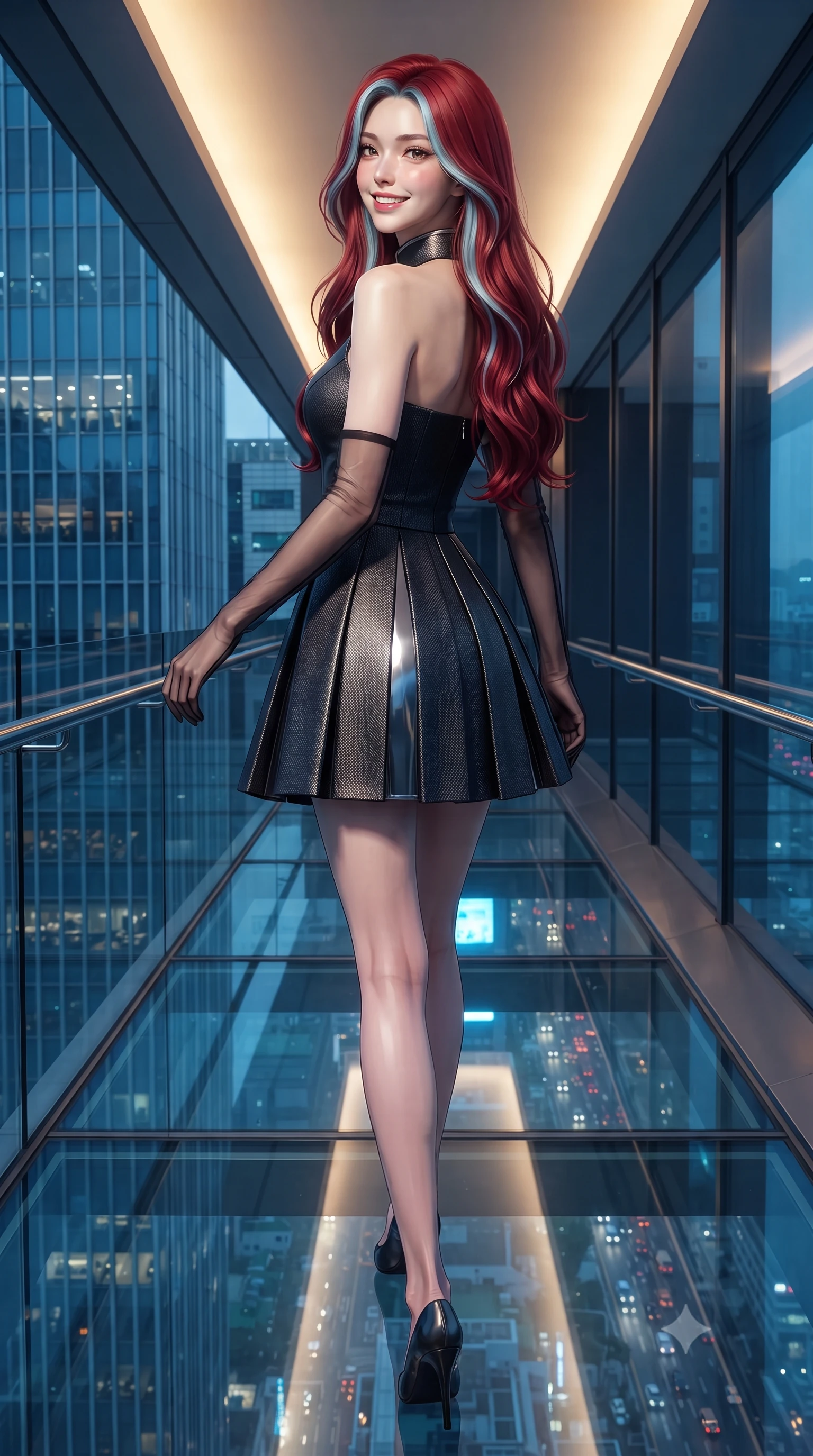 score_9, masterpiece, best quality, ultra-detailed, high-budget anime keyframe, editorial fashion photography, tasteful artistic composition, Caucasian woman. low angle full-body shot from head to toe showing her feet, filling the entire 9:16 vertical frame with her statuesque presence, stretching her vertical silhouette. walking along the terrace with poise, looking back over her bare shoulder with an irresistible smoldering bedroom-gaze while standing poised on the frameless glass floor of the cantilevered skybridge 500 meters above Gangnam, arching her lower back with sovereign supermodel poise as traffic streaks below. The surrounding environment is rendered in vivid detail and crisp panoramic clarity: sharp architectural chrome finishes, crystal-clear triple-glazed floor panels, and intricate high-rise facade grids in deep focus. She has an exceptionally tall and slender model-like 8.5-heads proportion, an ultra-slim waist, a flat toned midriff, narrow delicate ribcage, and beautifully sculpted feminine hips creating a graceful, slim hourglass silhouette without any bulky heaviness, with impossibly long slender legs. sharp v-shaped jawline, high-bridge nose, intricate jewel-like sparkling eyes with depth, thick eyelashes, glossy parted lips with a natural peach sheen, bright cheerful beaming smile with an enchanting and coquettish sensual glint, exuding both youthful cute charm and seductive allure, flawlessly proportioned anatomical accuracy, strict slender model proportions, natural body alignment, perfectly sculpted long slender limbs, ultra-slim waistline, clean dynamic posture without body distortion. wearing a structured deep-space commander dress uniform with stand-up mandarin collar and pleated A-line skirt in matte carbon fiber black and polished chrome, tailored from high-density tech-wool with subtle metallic thread weave, complemented by sheer opera-length evening gloves tracing her slender arms, the bespoke structured tailoring following the natural line of her 8.5-heads silhouette with refined elegance. bathed in warm 2700K ambient bar cove lighting paired with cool electric-blue skyscraper panorama radiance. ultra-reflective glossy finish, specular highlights, rich textural contrasts, high-contrast stereoscopic depth, volumetric dynamic lighting, 2k, ultra detail, master piece, 9:16 ratio
