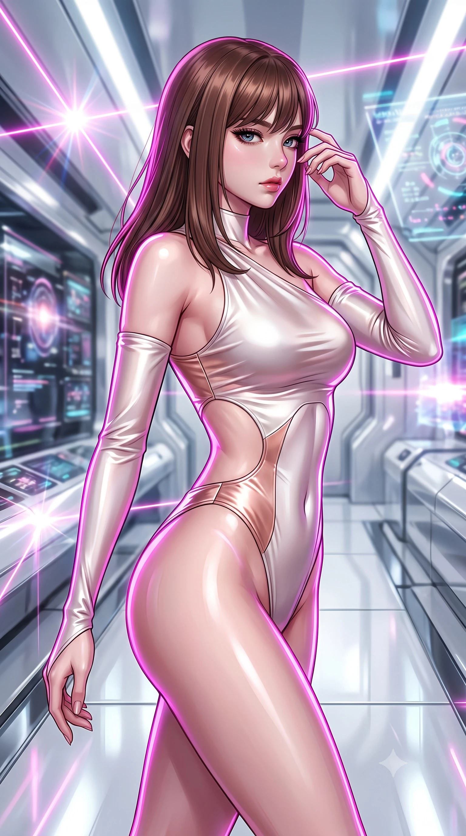 score_9, masterpiece, best quality, ultra-detailed, high-budget anime keyframe, editorial fashion photography, tasteful artistic composition, Korean woman. close-up cowboy shot from the waist and thighs up, the character dominates the composition, filling the frame with her large presence, background elements kept in soft focus. Resting her fingers gracefully near her temple, casting a sharp mysterious side-gaze during her stride while pivoting in a mid-stride turn as neon magenta laser lines trace her statuesque curves, sleek reflective white and chrome surfaces emphasizing ultra-clean lines. She has an exceptionally elegant, slender, and willowy female figure with an ultra-slim waist, a gracefully sculpted slender torso, and a refined silhouette. sharp v-shaped jawline, high-bridge nose, intricate jewel-like eyes with depth, thick eyelashes, glossy lips with a natural sheen, flawlessly proportioned anatomical accuracy, natural body alignment, perfectly sculpted elegant limbs, clean dynamic posture without body distortion. wearing an asymmetrical high-cut tech-bodysuit with detached sleeves in pearl white and rose gold, crafted from lustrous satin jersey with fluid draping, featuring clean architectural cutouts along her slender torso, the sleek second-skin texture accentuating her magnetic presence. illuminated by radiant holographic displays and intense laser beam highlights. highly saturated vibrant anime colors, detailed shading with soft gradients, rich glossy textures, high-contrast stereoscopic depth, volumetric dynamic lighting, master piece, 9:16 ratio