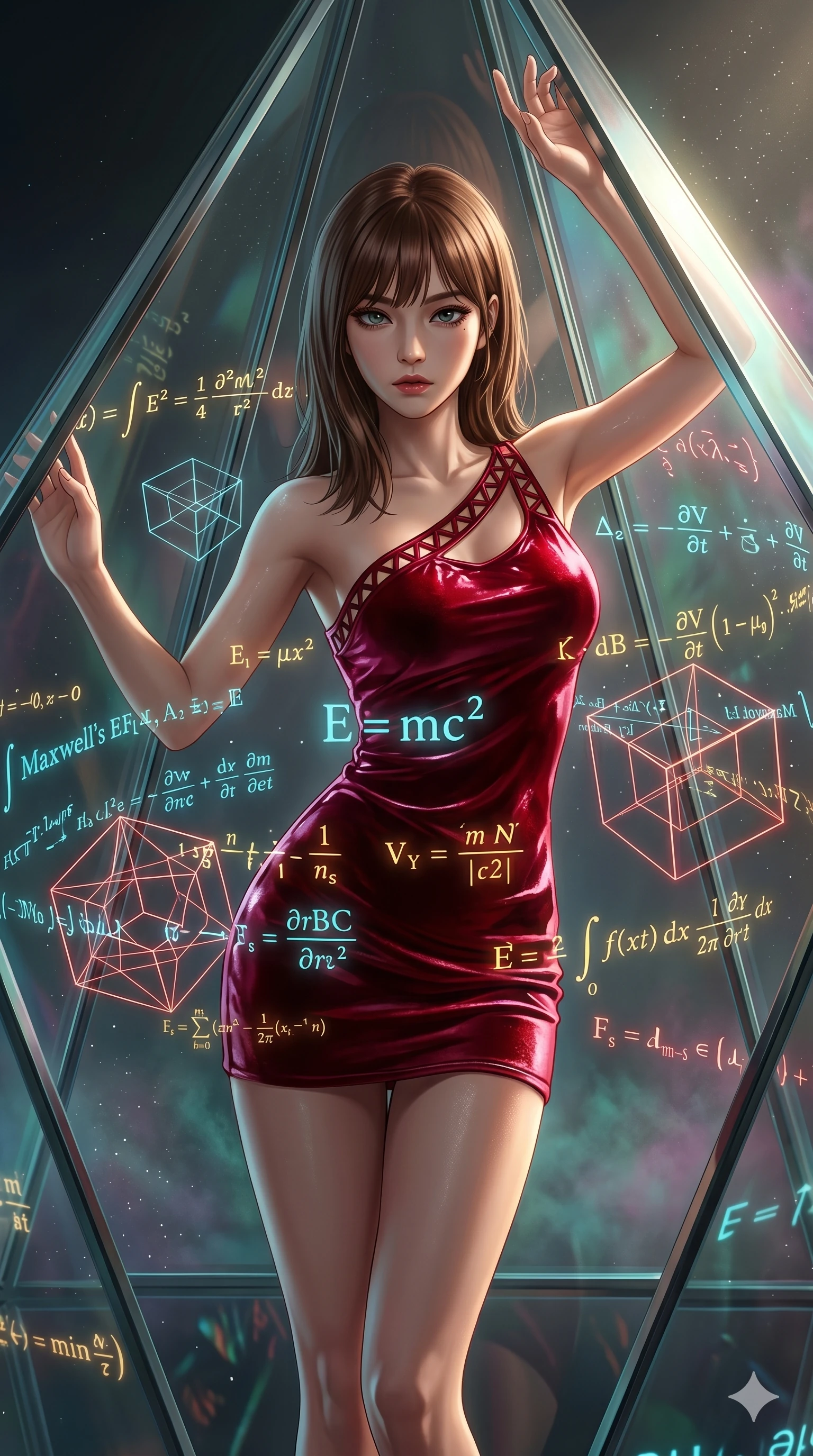 score_9, masterpiece, best quality, ultra-detailed, high-budget anime keyframe, editorial fashion photography, tasteful artistic composition, Korean woman. upper body close-up from the thighs up, character filling the screen for maximum presence. swirling in a vortex of inside a geometric glass pyramid surrounded by floating mathematical equations while floating geometrical wireframes rotate and pulse in synch. She has an absolutely perfect 8-heads proportion, an exceptionally tall and slender female figure with impossibly long slender legs and an ultra-slim waist. V-shaped jawline, high-bridge nose, intricate jewel-like eyes with depth, thick eyelashes, glossy lips with a natural sheen.. wearing an asymmetric liquid velvet slip dress, featuring a wet-look deep crimson red velvet one-shoulder mini slip with asymmetric geometric cutout trim. illuminated by dramatic chiaroscuro casting soft shadows along her curves, with vibrant backlighting highlighting the dust particles. 2k, ultra detail, master piece, 9:16 ratio