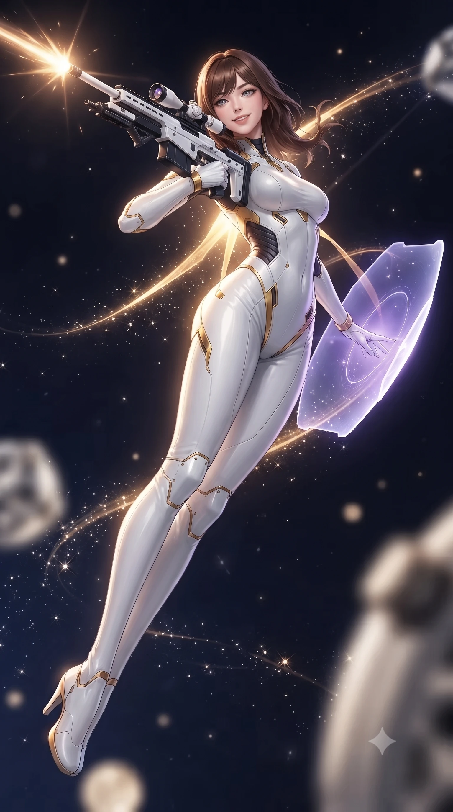 score_9, masterpiece, best quality, ultra-detailed, high-budget anime keyframe, editorial fashion photography, tasteful artistic composition, Korean woman. low angle full-body shot from head to toe showing her feet, filling the entire 9:16 vertical frame with her statuesque presence, stretching her vertical silhouette. arching her back gracefully in mid-air during a dynamic combat vault, her weapon energy trail framing her statuesque presence while resting one hand on the edge of a floating energy shield with an omnipotent, sovereign smile looking into the camera lens. The composition keeps background elements in soft focus with creamy bokeh. sparkling quantum particle trails scattering celestial radiance across a deep space backdrop. She has an absolutely perfect, statuesque 8.5-heads proportion, an exceptionally tall and slender model-like female figure with impossibly long slender legs, a toned flat midriff, and an ultra-slim waist. sharp v-shaped jawline, high-bridge nose, intricate jewel-like eyes with depth, thick eyelashes, glossy lips with a natural sheen, flawlessly proportioned anatomical accuracy, strict slender model proportions, natural body alignment, perfectly sculpted long slender limbs, ultra-slim waistline, clean dynamic posture without body distortion. wearing a form-contouring arctic white carbon-composite battle-suit with solar gold trim and diagonal midriff vents, aiming a precision carbon-fiber railgun sniper rifle with divine focus in monochrome white enamel carbon with high-contrast black panels, crafted from semi-translucent cybernetic carbon-vinyl interwoven with glowing micro-filaments, finished with high-mobility articulation joints and miniature magnetic armor locks, the liquid-tight tailored fabric emphasizing every curve of her tall, slender model proportions and sculptured silhouette during dynamic movement. bathed in radiant golden singularity accretion glow and saturated violet gravitational field uplights. ultra-reflective glossy finish, specular highlights, dark metallic sheen, high-contrast stereoscopic depth, volumetric dynamic lighting, 2k, ultra detail, master piece, 9:16 ratio