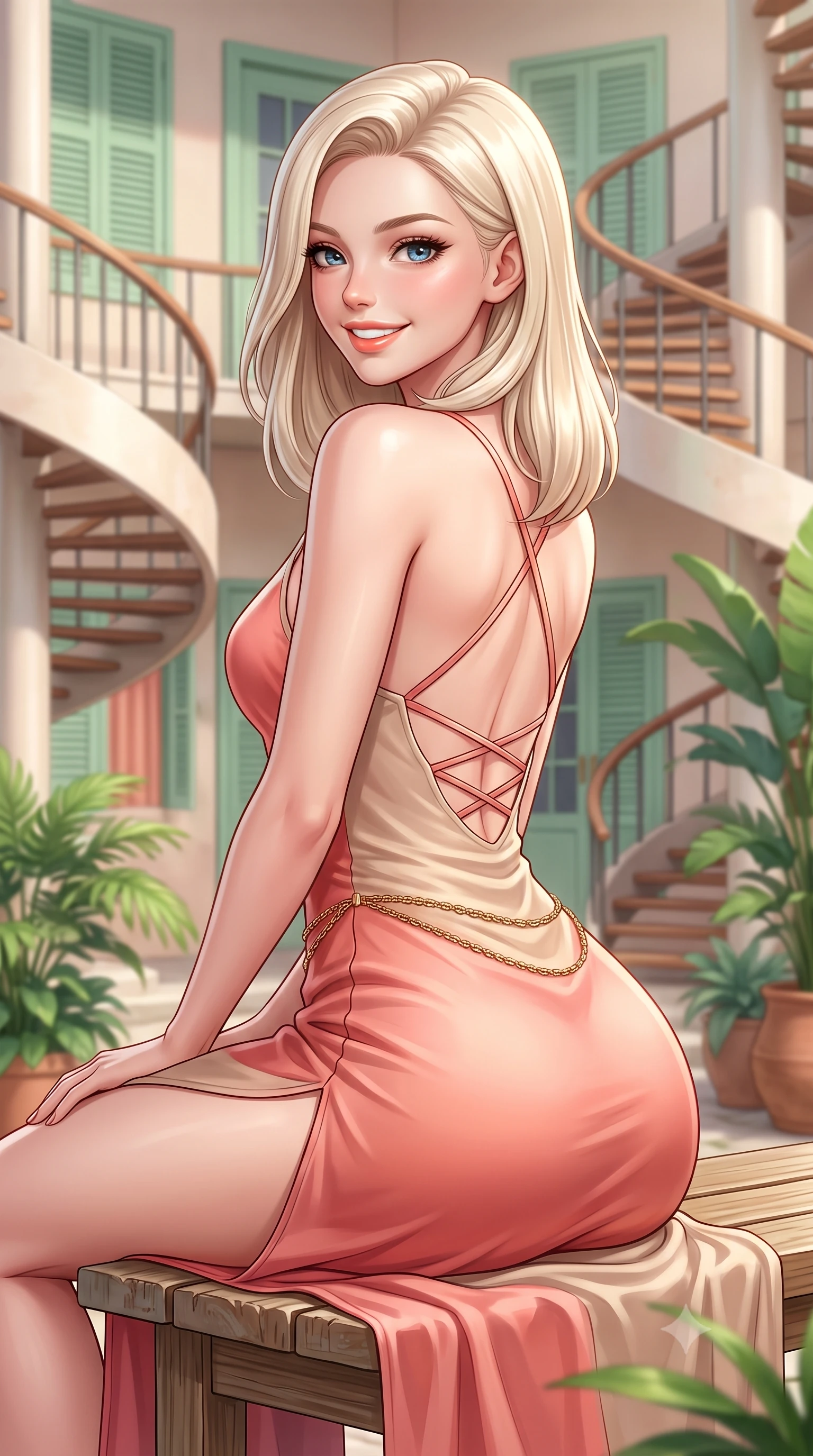 score_9, masterpiece, best quality, ultra-detailed, high-budget anime keyframe, semi-realistic 3D game render, editorial fashion photography, tasteful artistic composition, Caucasian woman. close-up cowboy shot from the waist and thighs up, the character dominates the composition, filling the frame with her large presence. posing in an alluring rear three-quarter angle, turning over a bare shoulder with an intoxicating cute smile, her hips cocked back to highlight her slim hourglass curve while sitting on a low teak bench in a lush tropical courtyard beneath curved Streamline Moderne spiral staircases, arching her back with a bright, charming smile. The composition keeps background elements in soft focus with dreamy creamy bokeh. curved art deco spiral staircases, pastel green window shutters, and lush potted tropical foliage blurred into mint, coral, and cream bokeh. She has an exceptionally elegant, slender, and willowy female figure with an ultra-slim waist, flat toned midriff, narrow ribcage, and sculpted feminine hips creating an alluring, slim hourglass silhouette without bulk. sharp v-shaped jawline, high-bridge nose, intricate jewel-like sparkling eyes with depth, thick eyelashes, glossy parted lips with a natural peach sheen, bright cheerful beaming smile with an enchanting and coquettish sensual glint, exuding both youthful cute charm and seductive allure, flawlessly proportioned anatomical accuracy, strict slender model proportions, natural body alignment, perfectly sculpted long slender limbs, ultra-slim waistline, clean dynamic posture without body distortion. wearing a breezy silk-satin slip dress featuring a thigh-high side slit ascending to the high hip and criss-cross back straps in warm coral pink and soft oatmeal beige, crafted from soft cozy cashmere yarn with an airy drape, accented with a delicate gold chain belt resting loosely on her curvy hips, the form-fitting cut adhering flawlessly to her sculpted flat midriff and slender torso, emphasizing her long leg lines and perfectly proportioned willowy build. illuminated by soft wall bounce light sharply sculpting her razor-sharp jawline, narrow waist, and curvy hips. highly saturated vibrant anime colors, detailed shading with soft gradients, rich glossy textures, high-contrast stereoscopic depth, volumetric dynamic lighting, master piece, 9:16 ratio