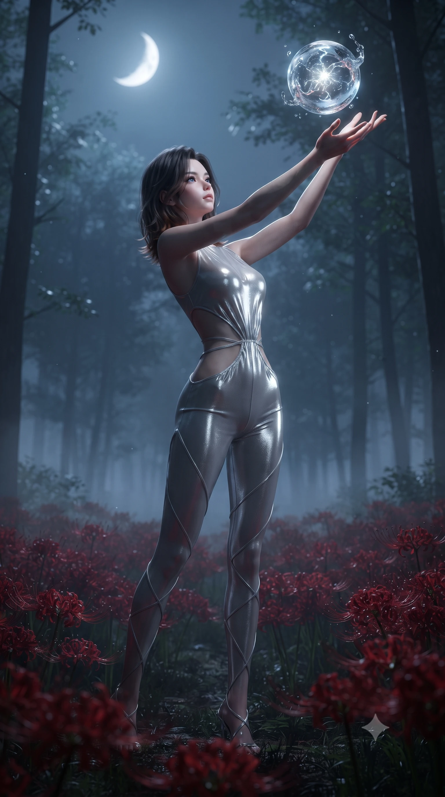 score_9, masterpiece, best quality, ultra-detailed, High-budget Anime Keyframe, editorial fashion photography, tasteful artistic composition, realistic cosplay photography, East Asian woman. Dynamic full-body shot stretching the vertical silhouette to the limit. Scenario 472: reaching out to catch a floating sphere of liquid light in a misty dark forest under a crescent moon with red spider lilies blooming. Her presence is magnetic and overpowering in this high-budget cinematic scene. Outfit 472: a slim-fit liquid silver shimmering chiffon catsuit with strategic waist cut-outs and slender leg straps. The clothing is designed to emphasize her exceptionally tall and slender 8-heads proportion. 8-heads proportion, towering silhouette, ultra-slim waist. sharp v-shaped jawline, intricate jewel-like eyes with depth, thick eyelashes, glossy lips. ultra-reflective glossy finish, specular highlights, metallic sheen, high-contrast stereoscopic depth, volumetric dynamic lighting, 2k, ultra detail, master piece, 9:16 ratio