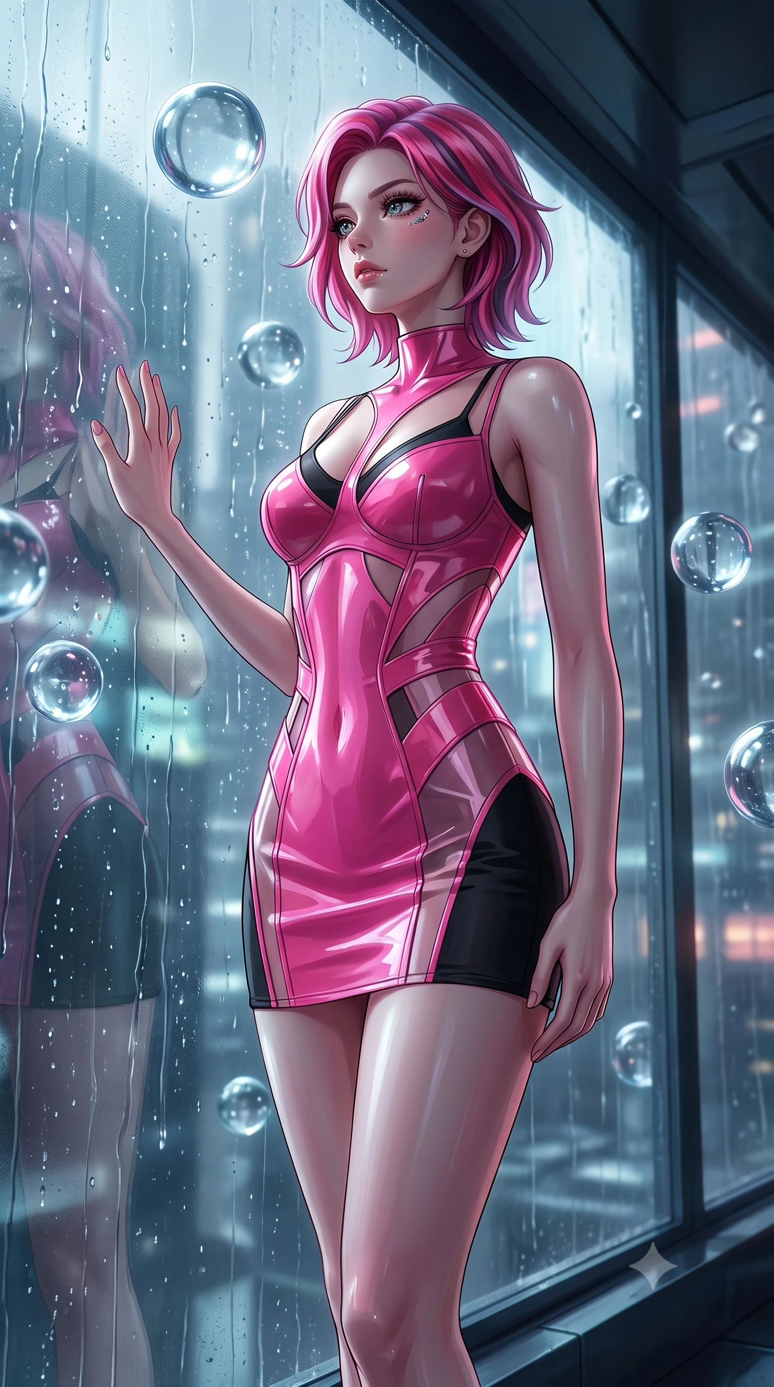 score_9, masterpiece, best quality, ultra-detailed, High-budget Anime Keyframe, Caucasian woman, strictly human ears. Low angle cowboy shot filling the entire 9:16 frame with her statuesque presence. Scenario 457: looking out at the rain through a wet glass window near a zero-gravity sanctuary filled with floating water spheres. Her presence is magnetic and overpowering in this high-budget anime scene. Outfit 457: a tailored hot pink patent leather bodysuit featuring layered translucent panels over a sleek slip dress. The clothing is designed to emphasize her exceptionally tall and slender 8-heads proportion. 8-heads proportion, towering silhouette, ultra-slim waist. sharp v-shaped jawline, intricate jewel-like eyes with depth, thick eyelashes, glossy lips. 2k, ultra detail, master piece, 9:16 ratio