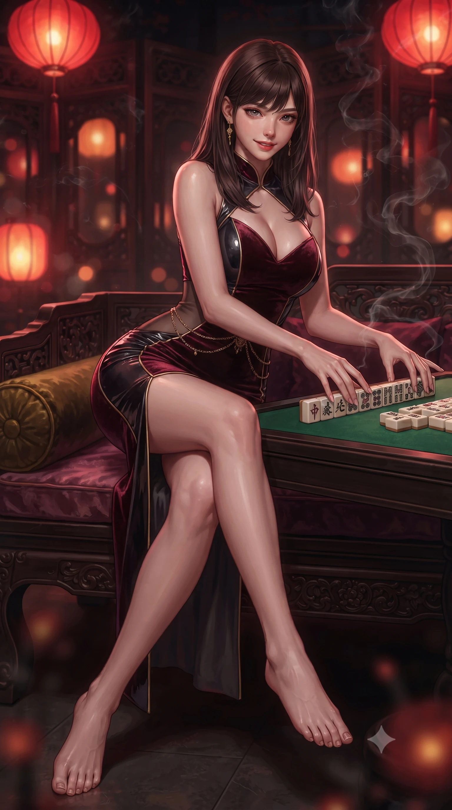 score_9, masterpiece, best quality, ultra-detailed, high-budget anime keyframe, editorial fashion photography, tasteful artistic composition, Korean woman. low angle full-body shot from head to toe showing her feet, filling the entire 9:16 vertical frame with her statuesque presence, stretching her vertical silhouette. lounging on the lavish daybed with legs crossed and hips angled toward the camera, displaying her toned midriff and long slender limbs with effortless siren poise while leaning forward over the green felt tabletop with hips cocked back, arranging carved ivory tiles with smoldering bedroom-eyes. The background shows a soft-focus glowing hanging red silk lanterns, curling cigar smoke, and carved rosewood room partitions blurred into crimson, amber, and charcoal bokeh. She has an absolutely perfect, statuesque 8.5-heads proportion, an exceptionally tall and slender model-like female figure with impossibly long slender legs, an ultra-slim waist, a flat toned midriff, narrow delicate ribcage, and beautifully sculpted feminine hips creating a graceful, slim hourglass silhouette without any bulky heaviness. sharp v-shaped jawline, high-bridge nose, sparkling eyes with hypnotic seductive depth, thick curled eyelashes, glossy parted lips with a natural dewy peach sheen, alluring bedroom-eyes with an enchanting coquettish smile, exuding magnetic siren charisma and sophisticated glamour, flawlessly proportioned anatomical accuracy, strict slender model proportions, natural body alignment, perfectly sculpted long slender limbs, ultra-slim waistline, clean dynamic posture without body distortion. wearing a deep sweetheart-neckline velvet bodycon dress with sheer side-torso cutouts accentuating her hourglass curves in rich cherry lacquer and smoky charcoal with gold piping, crafted from wet-look high-gloss vinyl fabric with dazzling specular surface reflections, accented with a dainty gold belly chain resting across her flat midriff and curving hips, the form-contouring silhouette accentuating her sculpted flat midriff, narrow delicate ribcage, and gracefully curvy hips with intoxicating allure. bathed in warm moody crimson-and-amber illumination spilling from low-hanging silk lanterns. ultra-reflective glossy finish, specular highlights, rich textural contrasts, high-contrast stereoscopic depth, volumetric dynamic lighting, 2k, ultra detail, master piece, 9:16 ratio