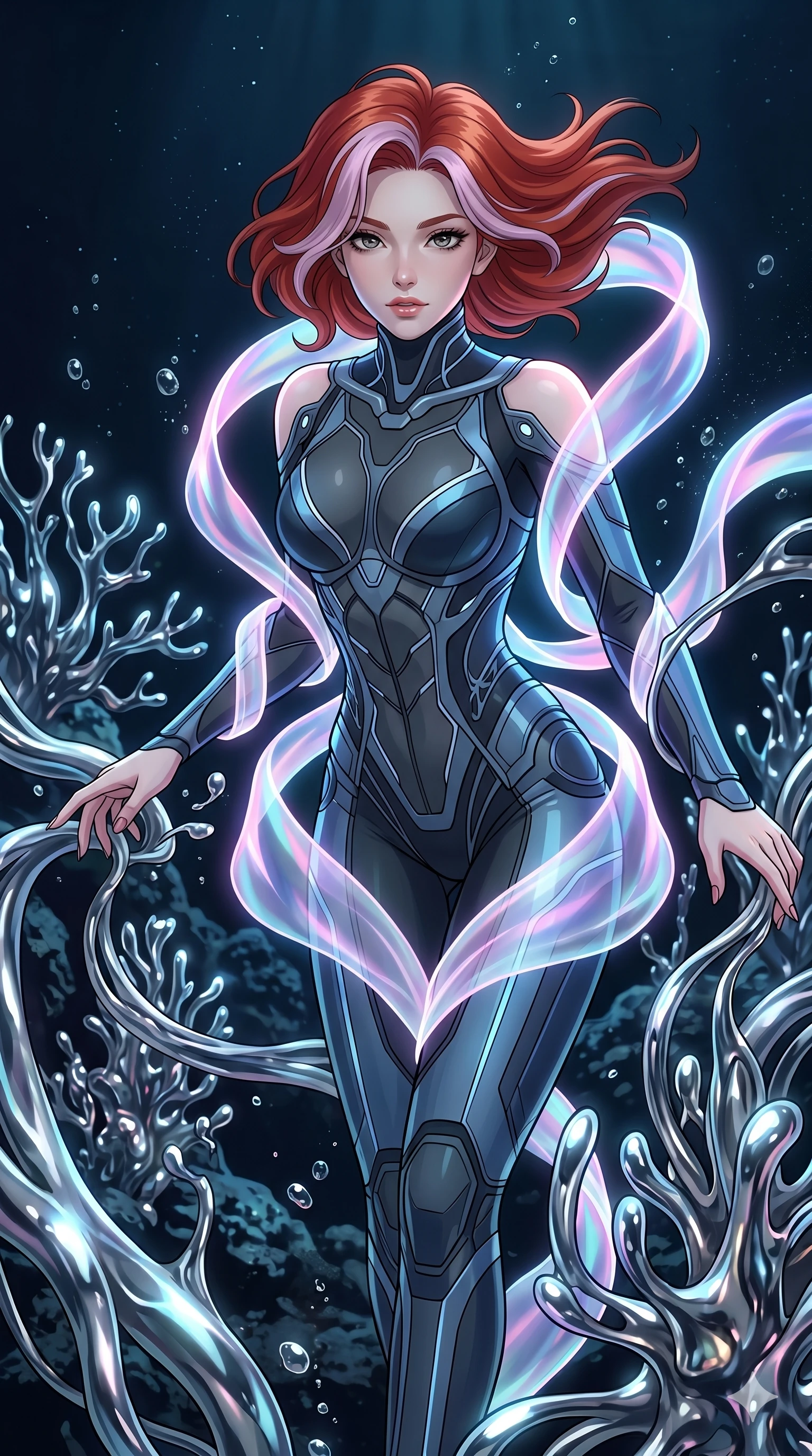 score_9, masterpiece, best quality, ultra-detailed, high-budget anime keyframe, Caucasian woman, strictly human ears. upper body close-up from the thighs up, character filling the screen for maximum presence. diving through a bionic fluid mercury reef where self-replicating liquid chrome corals pulse under dark ocean water. She has an absolutely perfect 8-heads proportion, an exceptionally tall and slender female figure with impossibly long slender legs and an ultra-slim waist. V-shaped jawline, high-bridge nose, intricate jewel-like eyes with depth, thick eyelashes, glossy lips with a natural sheen.. wearing a cybernetic bodysuit with a holographic ribbon, featuring a precision-fitted structured bodysuit wrapped in a translucent flowing holographic organza ribbon. enhanced by a luminous pastel spectrum glow, casting elegant rim lights on her shoulders and jawline. 2k, ultra detail, master piece, 9:16 ratio