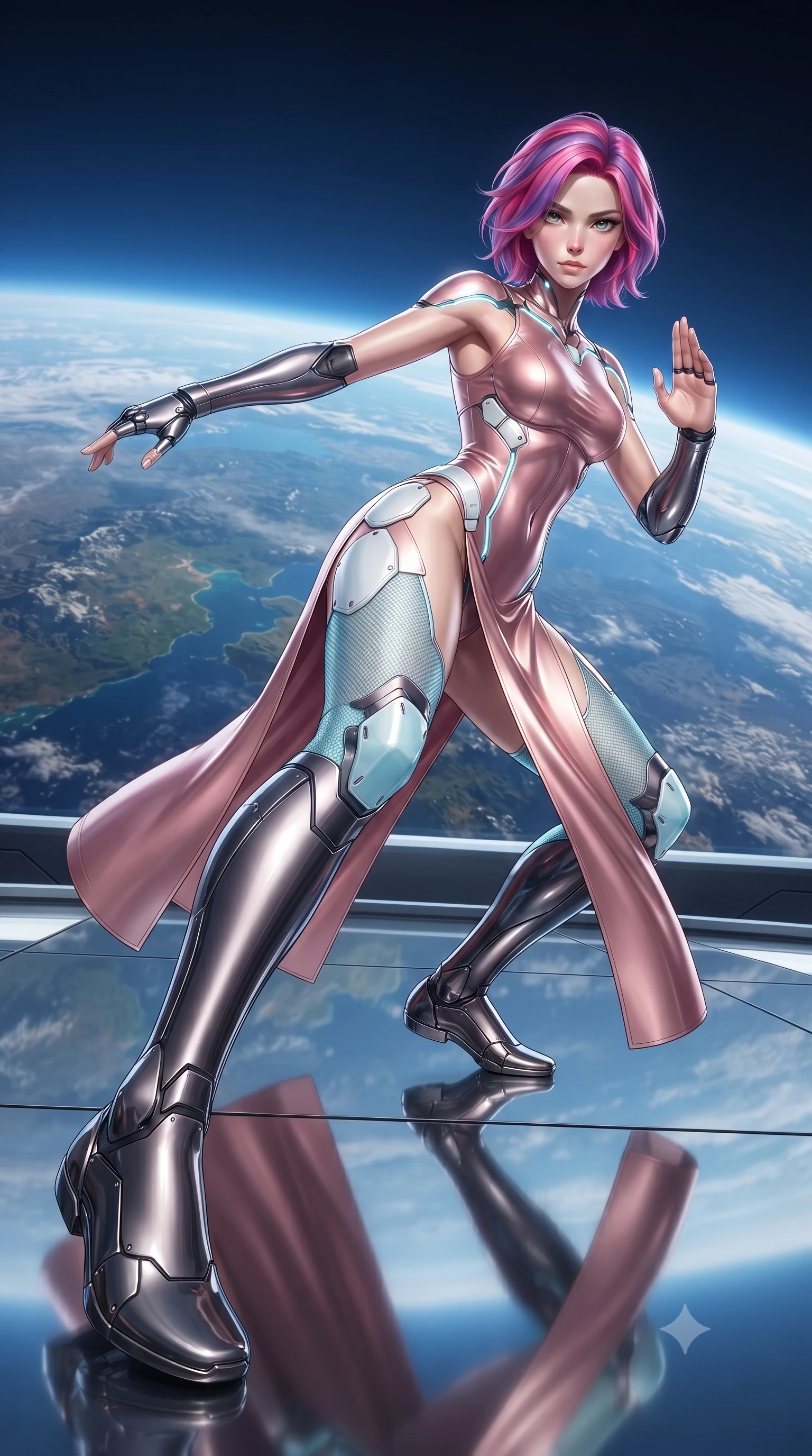 score_9, masterpiece, best quality, ultra-detailed, high-budget anime keyframe, editorial fashion photography, tasteful artistic composition, Caucasian woman. low angle full-body shot from head to toe showing her feet, filling the entire 9:16 vertical frame with her statuesque presence, stretching her vertical silhouette. pivoting dynamically in a high-speed low sweep kick along the reflective floor, her athletic torso and ultra-slim waist twisting in a fluid arc of power while hovering weightlessly with one palm extended in a calm Panzer Kunst guard stance, gazing into the lens with divine focus. The surrounding environment is rendered in vivid detail and crisp panoramic clarity. sharp carbon armor joint seams, polished knuckle plate facets, and Earth's atmospheric haze in deep focus. She has an absolutely perfect, statuesque 8.5-heads proportion, an exceptionally tall and slender model-like female figure with impossibly long slender legs, a toned flat midriff, and an ultra-slim waist. sharp v-shaped jawline, high-bridge nose, intricate jewel-like eyes with depth, thick eyelashes, glossy lips with a natural sheen, flawlessly proportioned anatomical accuracy, strict slender model proportions, natural body alignment, perfectly sculpted long slender limbs, ultra-slim waistline, clean dynamic posture without body distortion. wearing a form-fitting luminous rose-gold carbon combat gown with tactical high leg slits and flexible kinetic knee articulation in glacial ice-cyan carbon mesh with pure white armor plates, tailored from flexible second-skin carbon-mesh that clings flawlessly to her athletic curves, accented with glowing fiber-optic conduits tracing her collarbones and hip curves, the glove-like aerodynamic second-skin fit tightly clinging to her ultra-slender waist and athletic curves without adding bulk, accentuating her razor-sharp statuesque lines and slim hourglass silhouette. illuminated by crisp white key light and sharp specular highlights tracing her ultra-slim waist and long legs. ultra-reflective glossy finish, specular highlights, dark metallic sheen, high-contrast stereoscopic depth, volumetric dynamic lighting, 2k, ultra detail, master piece, 9:16 ratio