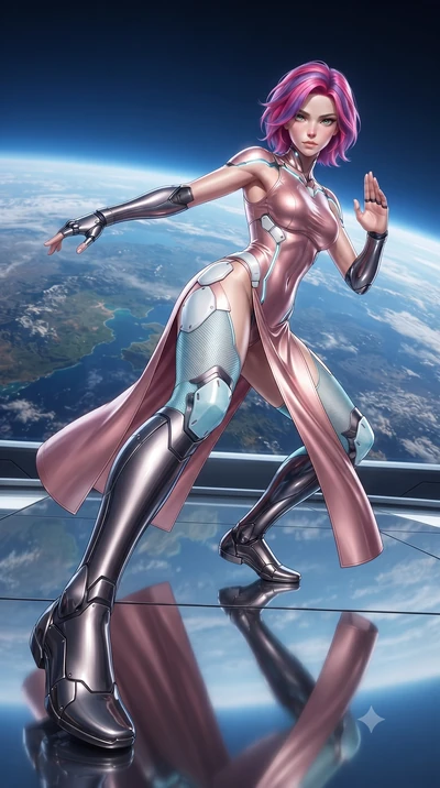 score_9, masterpiece, best quality, ultra-detailed, high-budget anime keyframe, editorial fashion photography, tasteful artistic composition, Caucasian woman. low angle full-body shot from head to toe showing her feet, filling the entire 9:16 vertica