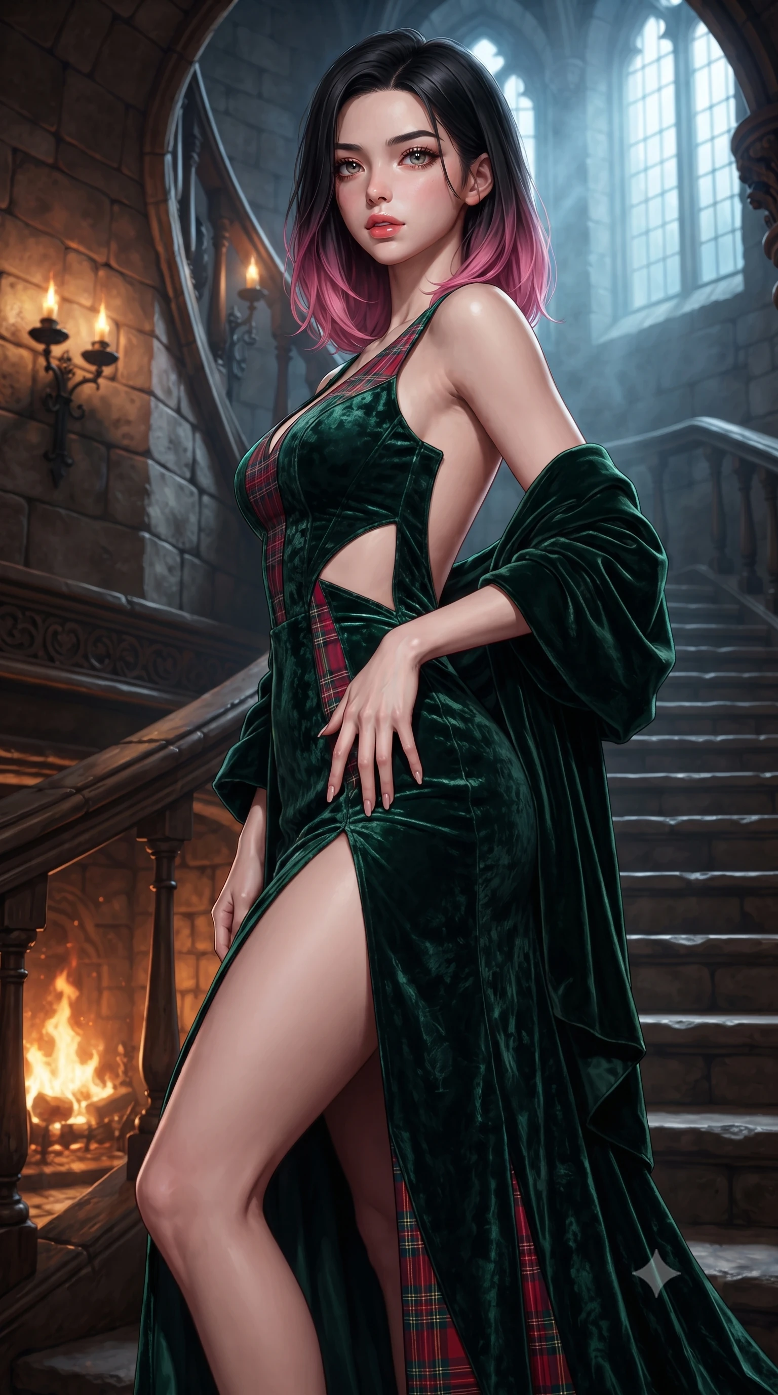 score_9, masterpiece, best quality, ultra-detailed, high-budget anime keyframe, editorial fashion photography, tasteful artistic composition, Korean woman. close-up cowboy shot from the waist and thighs up, the character dominates the composition, filling the frame with her large presence. resting one manicured hand delicately on her hip bone, her upper body turning in a fluid, seductive S-curve while parted lips glisten in the light while gliding down the spiraling stone castle staircase with supermodel poise, her high-slit skirt opening to reveal her long slender legs and curvy hips. The surrounding environment is rendered in vivid detail and crisp panoramic clarity. sharp aged castle masonry grain, wrought-iron wall sconces, and carved oak wood textures in deep focus. She has an exceptionally elegant, slender, and willowy female figure with an ultra-slim waist, flat toned midriff, narrow ribcage, and sculpted feminine hips creating an alluring, slim hourglass silhouette without bulk. sharp v-shaped jawline, high-bridge nose, intricate jewel-like eyes with depth, thick eyelashes, glossy parted lips with a natural sheen, intensely captivating and seductive bedroom-eyes expression, flawlessly proportioned anatomical accuracy, strict slender model proportions, natural body alignment, perfectly sculpted long slender limbs, ultra-slim waistline, clean dynamic posture without body distortion. wearing a tailored tartan-wool and crushed-velvet corseted gala gown with an architectural open-waist cutout and high-cut thigh slit in deep emerald green velvet and royal tartan crimson, crafted from heavyweight crushed silk velvet with liquid vintage luster, complemented by a plush velvet shawl draped loosely over her elbows, the dramatically scooped open back descending to the base of her spine, accentuating her razor-sharp statuesque lines and slim hourglass silhouette. bathed in roaring stone hearth firelight from below and cool misty daylight streaming from towering castle windows. ultra-reflective glossy finish, specular highlights, rich textural contrasts, high-contrast stereoscopic depth, volumetric dynamic lighting, 2k, ultra detail, master piece, 9:16 ratio
