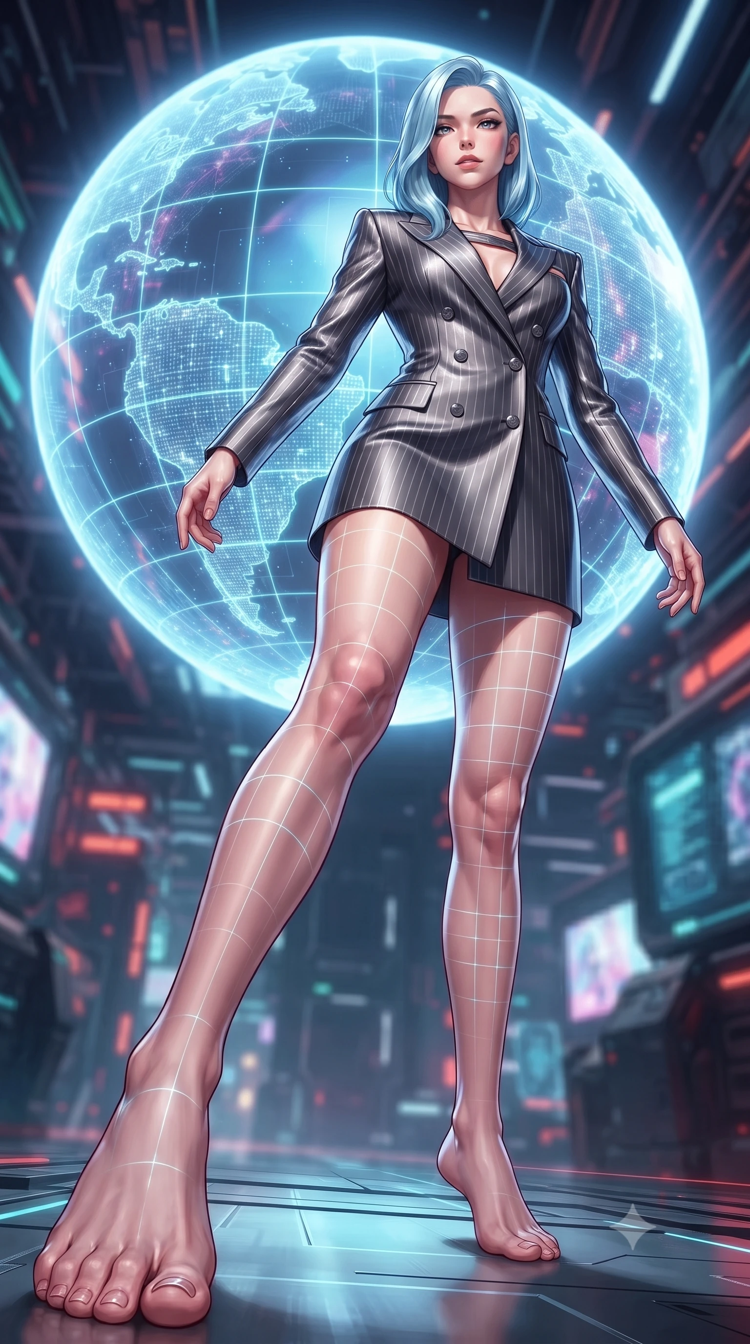 score_9, masterpiece, best quality, ultra-detailed, high-budget anime keyframe, editorial fashion photography, tasteful artistic composition, Korean woman. low angle full-body shot from head to toe showing her feet, filling the entire 9:16 vertical frame with her statuesque presence, stretching her vertical silhouette. forging dynamically through the scene, her vertical silhouette beautifully stretched interacting with a giant glowing holographic globe of a cybernetic planet, laser lines casting precise geometric grid highlights on her athletic form. She has an absolutely perfect, statuesque 8.5-heads proportion, an exceptionally tall and slender model-like female figure with impossibly long slender legs and an ultra-slim waist. sharp v-shaped jawline, high-bridge nose, intricate jewel-like eyes with depth, thick eyelashes, glossy lips with a natural sheen. wearing a double-breasted blazer dress with metallic pin-stripes in charcoal grey and platinum, crafted from lustrous satin jersey with fluid draping, accented with a Tasteful chest slit framing her clavicle gracefully, the glove-like fit emphasizing her statuesque silhouette. surrounded by a crisp high-tech illumination highlighting every sleek curve. highly saturated vibrant anime colors, detailed shading with soft gradients, rich glossy textures, high-contrast stereoscopic depth, volumetric dynamic lighting, master piece, 9:16 ratio