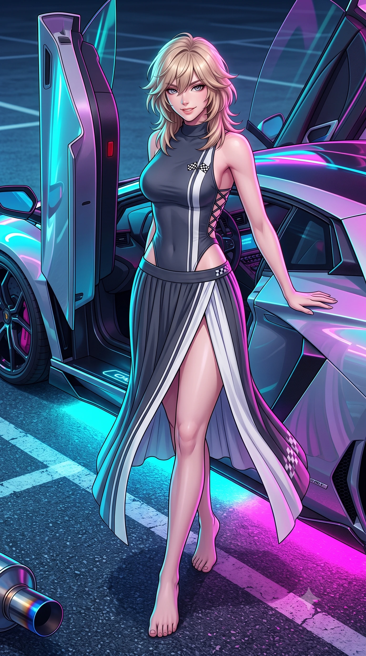 score_9, masterpiece, best quality, ultra-detailed, high-budget anime keyframe, semi-realistic 3D game render, editorial fashion photography, tasteful artistic composition, Japanese woman. low angle full-body shot from head to toe showing her feet, filling the entire 9:16 vertical frame with her statuesque presence, stretching her vertical silhouette. stepping forward gracefully across the paddock tarmac in mid-motion with a radiant beaming smile, hips swaying in an alluring kinetic rhythm that accentuates her curvy hourglass silhouette and long slender legs while leaning against the scissor door of a customized supercar with hips cocked back, looking into the lens with an intoxicating, confident smirk. The surrounding environment is rendered in vivid detail and crisp panoramic clarity: sharp titanium exhaust tip heat-burn discoloration, glossy car paint reflections, and asphalt parking bay line clarity in deep focus. She has an absolutely perfect, statuesque 8.5-heads proportion, an exceptionally tall and slender model-like female figure with impossibly long slender legs, an ultra-slim waist, a flat toned midriff, narrow delicate ribcage, and beautifully sculpted feminine hips creating a graceful, slim hourglass silhouette without any bulky heaviness. sharp v-shaped jawline, high-bridge nose, sparkling eyes with athletic focus and depth, thick curled eyelashes, glossy parted lips with a natural coral-peach sheen, bright confident and coquettish smile with alluring bedroom-eyes, exuding both youthful sporty vigor and sovereign high-society glamour, flawlessly proportioned anatomical accuracy, strict slender model proportions, natural body alignment, perfectly sculpted long slender limbs, ultra-slim waistline, clean dynamic posture without body distortion. wearing a backless lace-up racing leotard with side hip cutouts and a pleated wrap skirt framing her hourglass curves in speedway charcoal slate and optic white accents, tailored from ultra-soft fine cashmere yarn with an airy athletic drape, finished with contrasting racing stripe tape and subtle checkered flag embroidery, the liquid-tight tailored fabric clinging flawlessly to her narrow waist and rounded feminine hips, emphasizing every millimeter of her sculpted slim hourglass curves without any bulky heaviness. bathed in intense saturated underglow neons in electric cyan and magenta contrasting with night shadows. highly saturated vibrant anime colors, detailed shading with soft gradients, rich glossy textures, high-contrast stereoscopic depth, volumetric dynamic lighting, master piece, 9:16 ratio