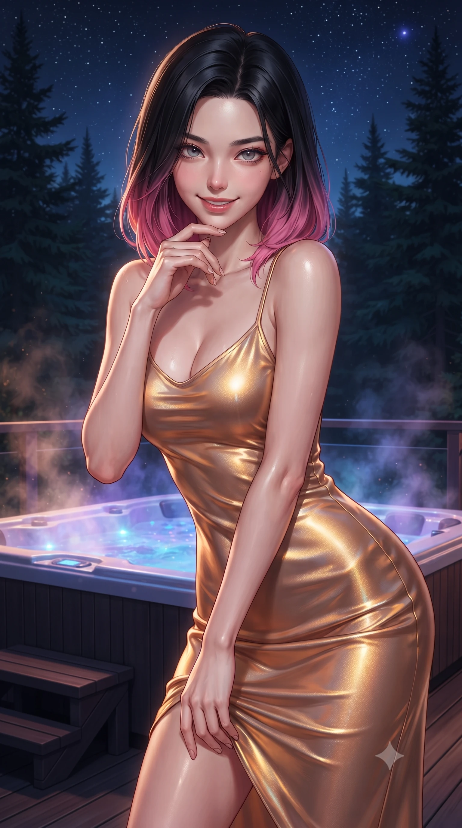 score_9, masterpiece, best quality, ultra-detailed, high-budget anime keyframe, editorial fashion photography, tasteful artistic composition, Korean woman woman. close-up cowboy shot from the waist and thighs up, the character dominates the composition, filling the frame with her large presence, background elements kept in soft focus. leaning slightly forward with a playful, teasing smile, her gaze locked onto the viewer the background shows a soft-focus a terrace deck of a luxury villa with a private jacuzzi, overlooking a dark pine forest. She has an exceptionally elegant, slender, and willowy female figure with an ultra-slim waist, a gracefully sculpted slender torso, and a refined silhouette. sharp v-shaped jawline, high-bridge nose, intricate jewel-like eyes with depth, thick eyelashes, glossy lips with a natural sheen. wearing a body-hugging body-hugging liquid silk slip dress in sunset gold, clinging to her slender waist and hips. the warm steam rising into the cool night air, catch in the blue jacuzzi lights. ultra-reflective glossy finish, specular highlights, metallic sheen, high-contrast stereoscopic depth, volumetric dynamic lighting, 2k, ultra detail, master piece, 9:16 ratio