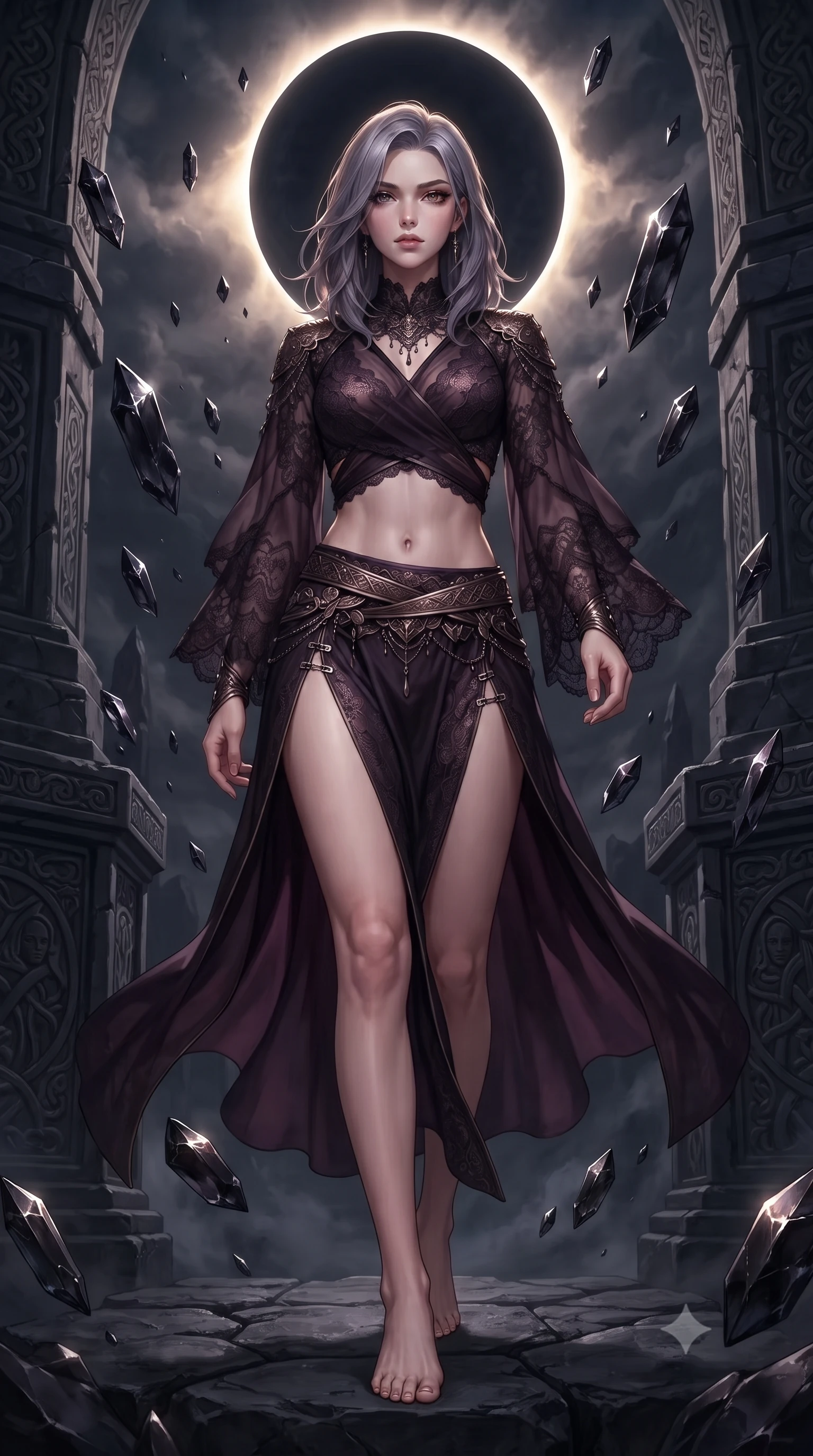 score_9, masterpiece, best quality, ultra-detailed, high-budget anime keyframe, editorial fashion photography, tasteful artistic composition, Caucasian woman. low angle full-body shot from head to toe showing her feet, filling the entire 9:16 vertical frame with her statuesque presence, stretching her vertical silhouette. striding forward in a proud, statuesque motion with a dangerous smolder, hips swaying with fierce allure, dominating the frame from head to toe while standing with supreme occult authority atop a dark basalt altar under a black eclipsed sun as jagged black crystals hover around her. The surrounding environment is rendered in vivid detail and crisp panoramic clarity. dramatic chiaroscuro contrast between glowing eclipse light and dark mystical architecture in precision. She has an absolutely perfect, statuesque 8.5-heads proportion, an exceptionally tall and slender model-like female figure with impossibly long slender legs, a toned flat midriff, and an ultra-slim waist. sharp v-shaped jawline, high-bridge nose, intricate jewel-like eyes with depth, thick eyelashes, glossy lips with a natural sheen, flawlessly proportioned anatomical accuracy, strict slender model proportions, natural body alignment, perfectly sculpted long slender limbs, ultra-slim waistline, clean dynamic posture without body distortion. wearing a shortened dark gothic-fusion wrap top with transparent chiffon panels, a deep crossover neckline, and a metallic waist sash in dark plum purple and antique bronze hardware, crafted from delicate dark lace interwoven with luminescent micro-fibers, finished with an ultra-high side slit secured by miniature magnetic clasps, the precision-cut daring openings accentuating her delicate midriff, graceful bare collarbones, and ultra-slim feminine waistline. surrounded by an awe-inspiring, forbidden, and intensely provocative dark-goddess aura. ultra-reflective glossy finish, specular highlights, dark metallic sheen, deep chiaroscuro contrast, volumetric dynamic shadow lighting, 2k, ultra detail, master piece, 9:16 ratio