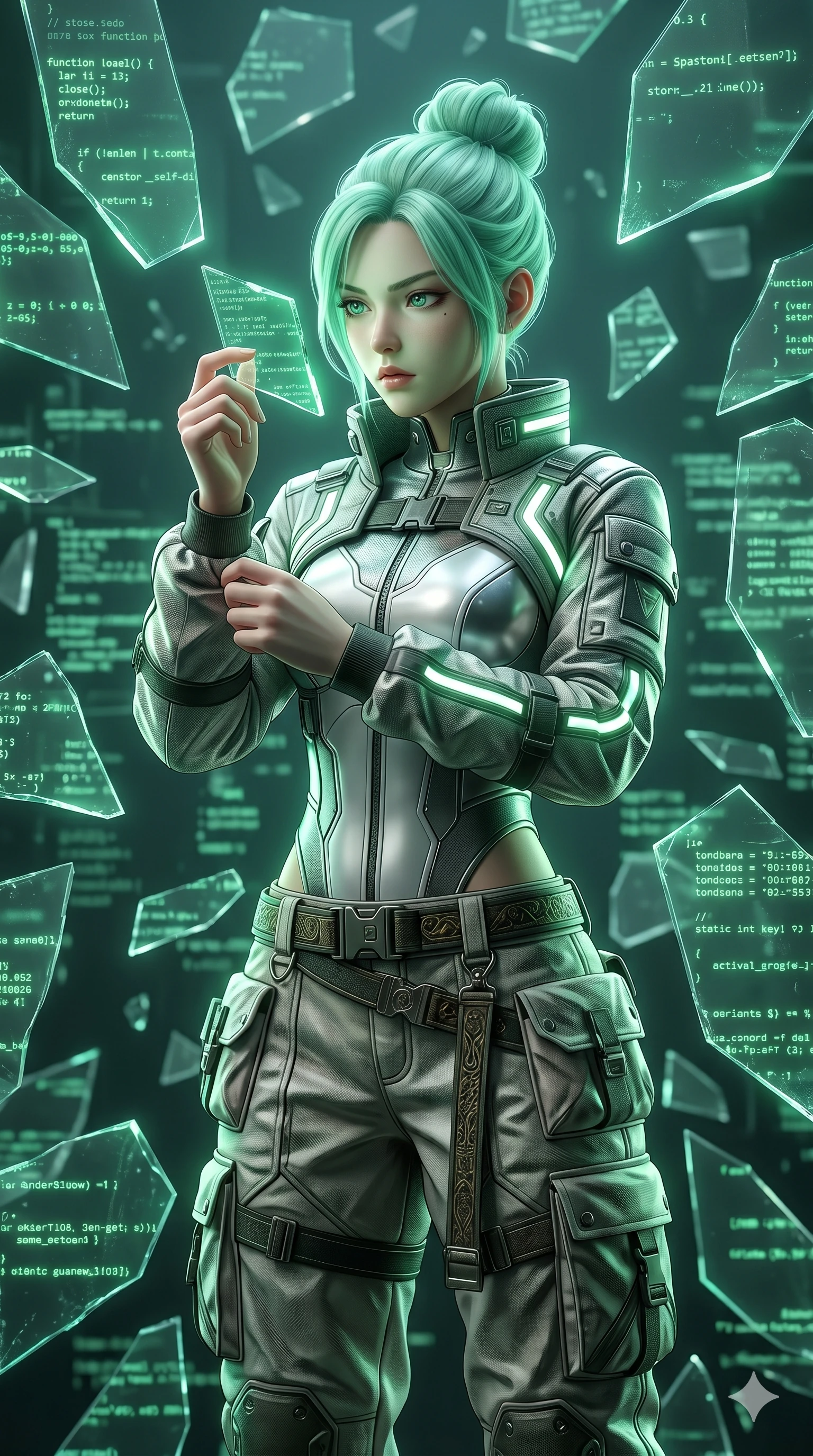score_9, masterpiece, best quality, ultra-detailed, high-budget anime keyframe, semi-realistic 3D game render, Japanese woman. Upper body close-up from the thighs up, character filling the screen for maximum presence. Standing in a room of floating glass shards showing code, examining a shard with an intense, curious look. She is wearing a cropped cyber-jacket over a silver bodice and cargo pants with belt. The scene is lit by the green glow of the code shards and white studio key lights. 2k, ultra detail, master piece, 9:16 ratio